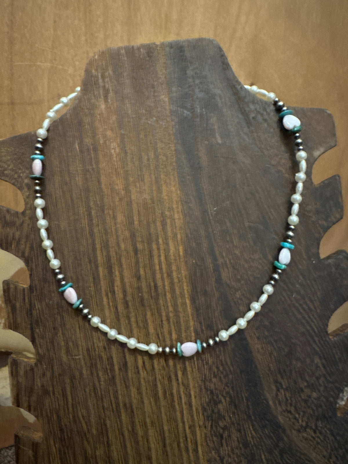 Pearl and pink conch with turquoise necklace