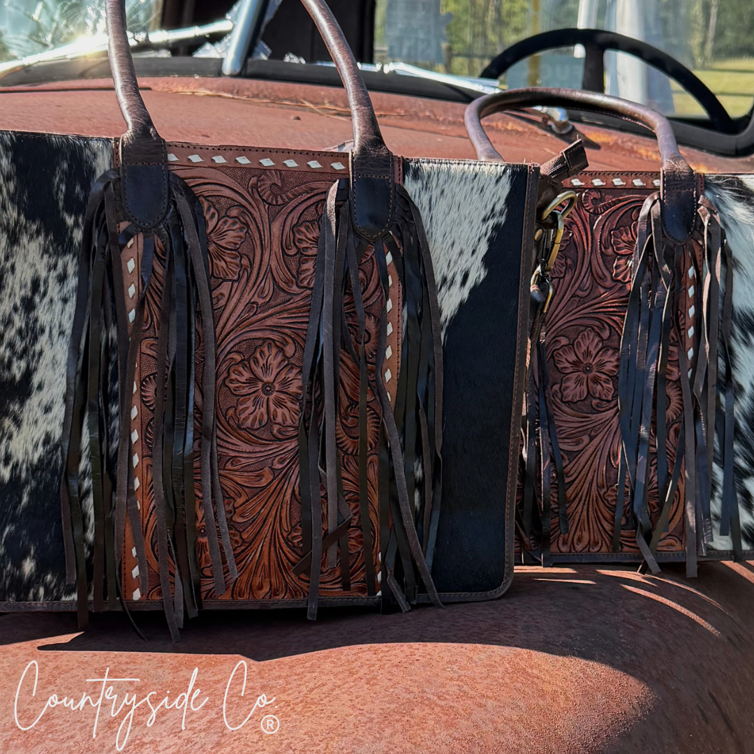 Jesse Cowhide and Tooled Leather Fringe Tote computer bag