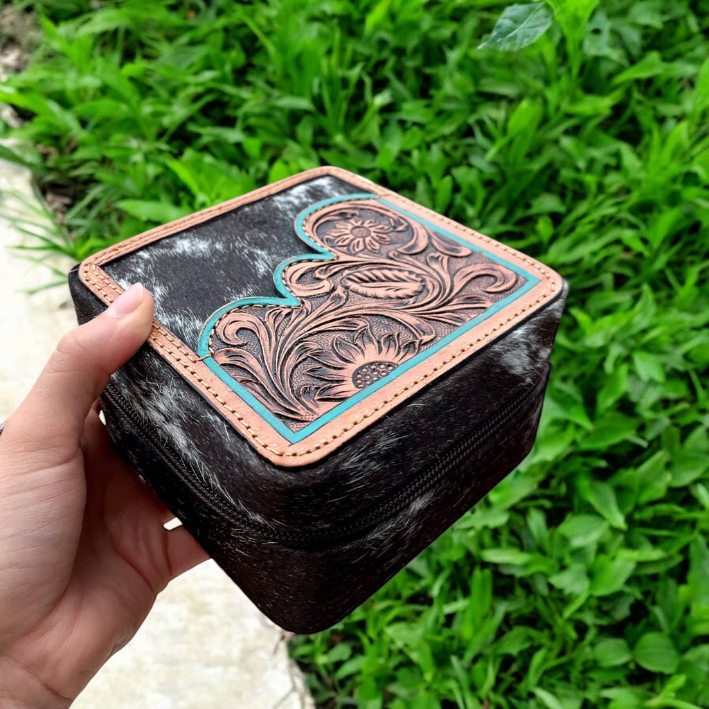 Turquoise tooled leather & cowhide jewelry box 