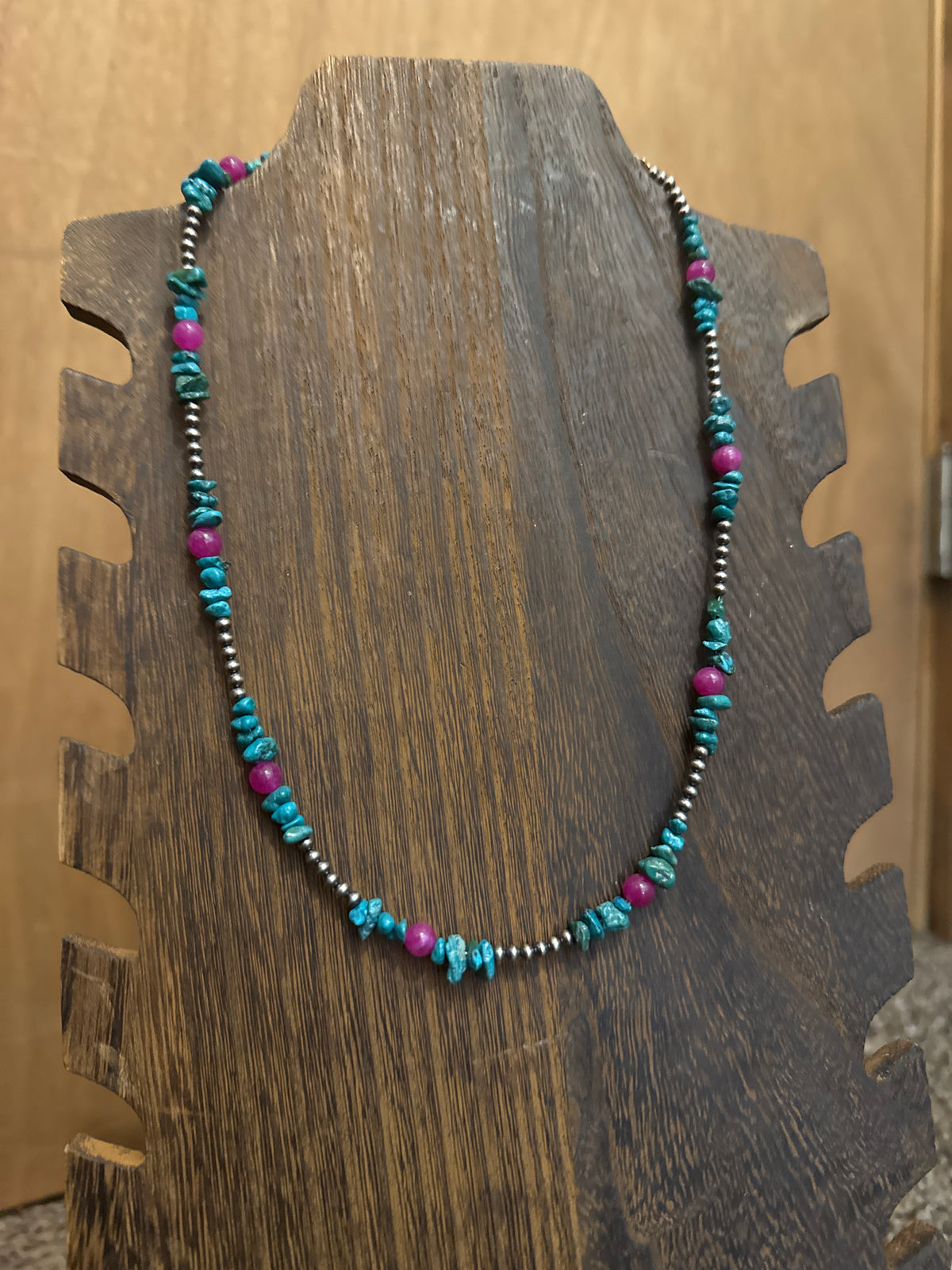 Pink fuchsia, turquoise, Chip, and sterling silver neck
