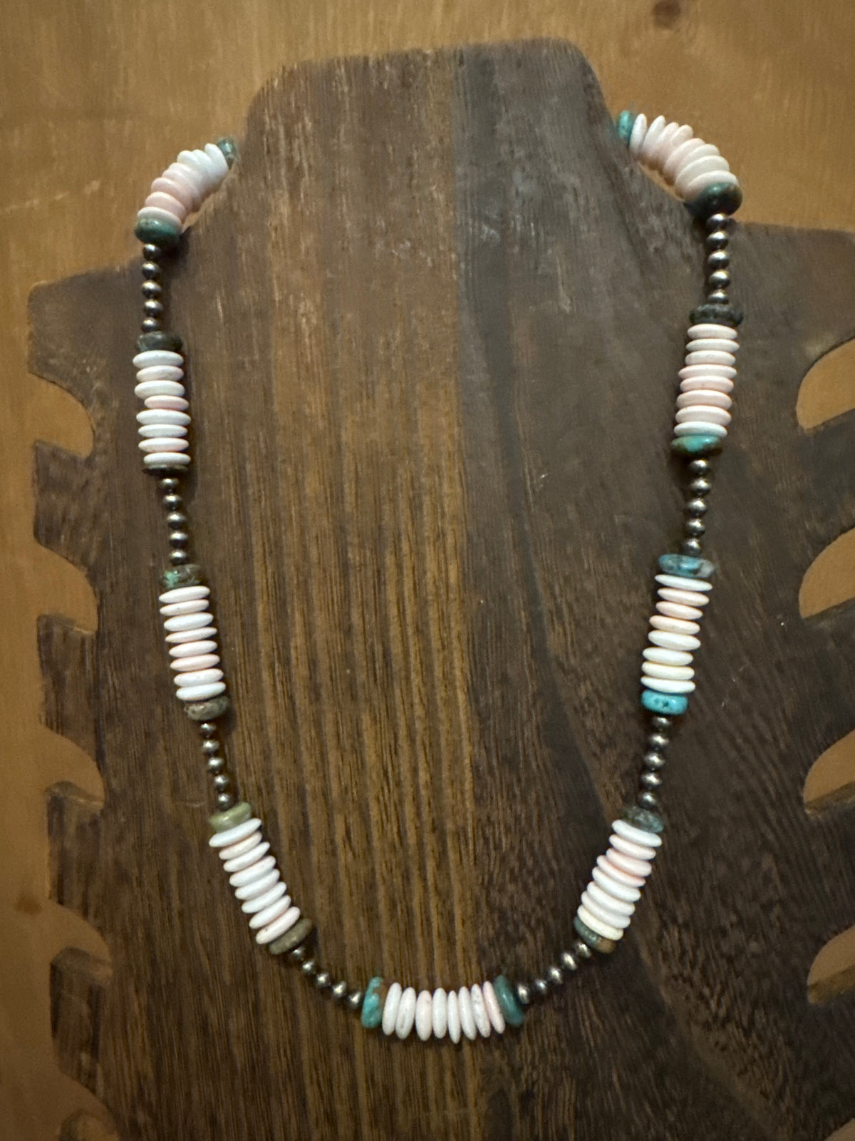 Pink conch, and turquoise necklace with sterling