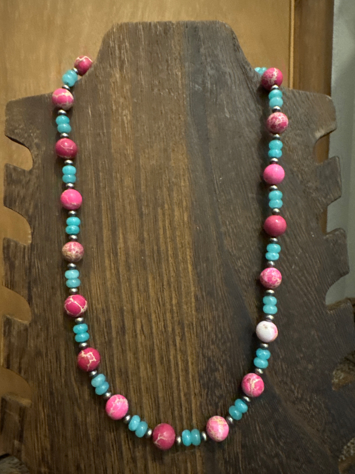 Pink sea sediment with blue opal necklace
