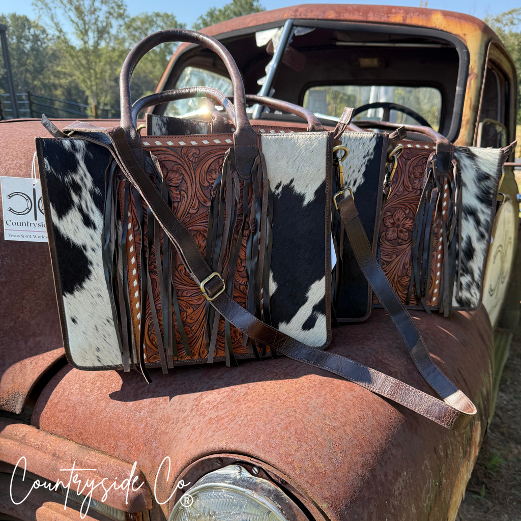 Jesse Cowhide and Tooled Leather Fringe Tote computer bag