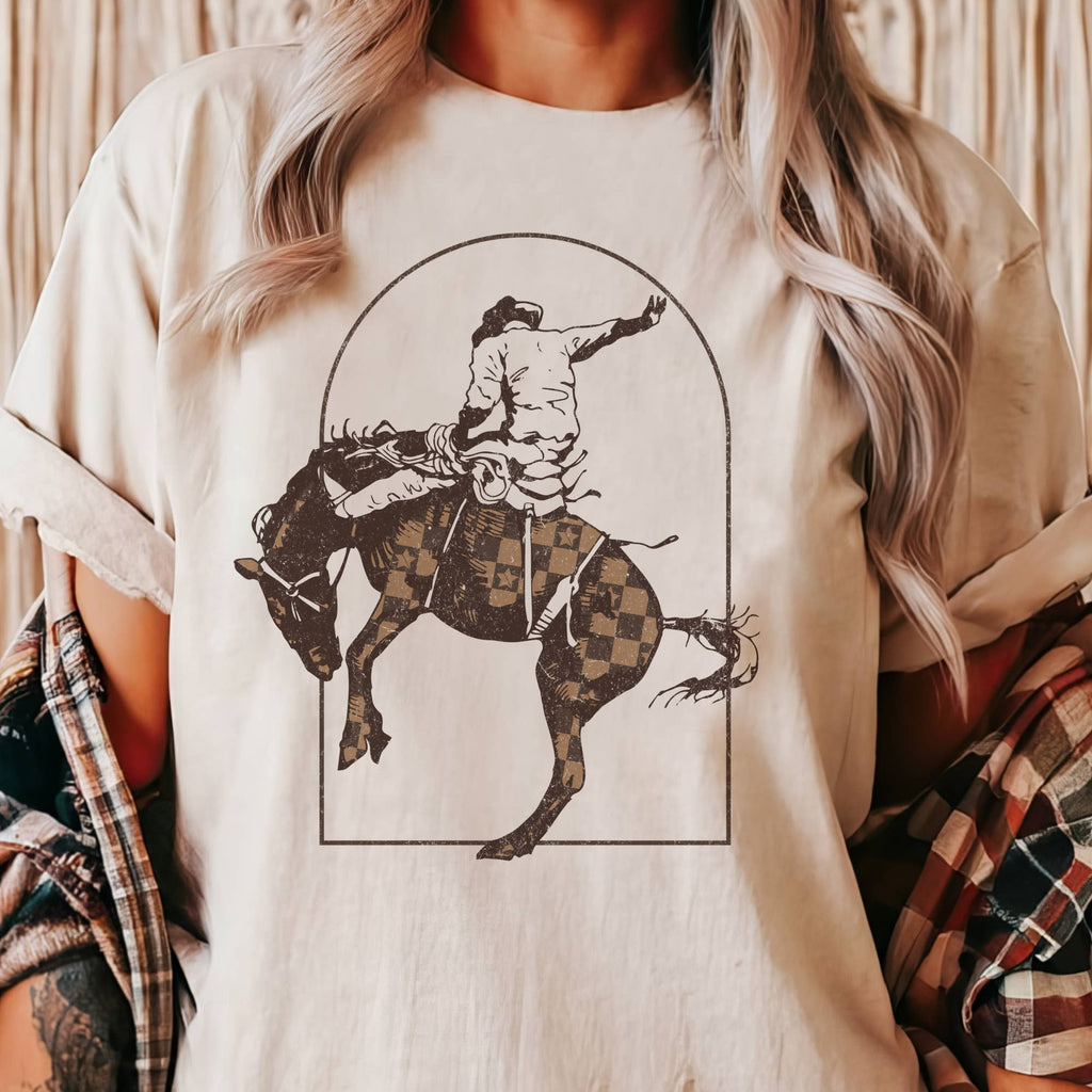 Western Bronco Checkered Horse Cowboy  Ranch Graphic Tee