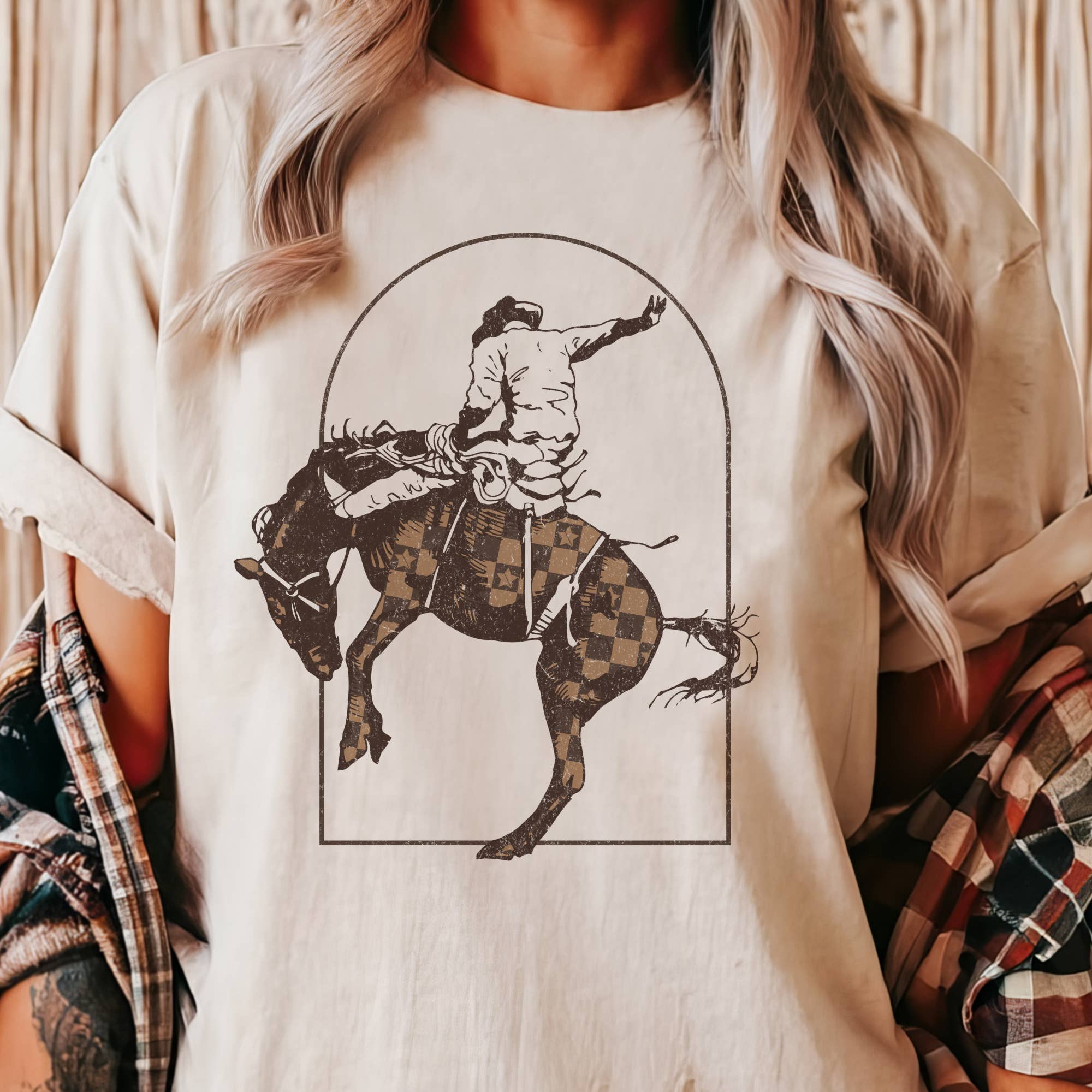 Western Bronco Checkered Horse Cowboy  Ranch Graphic Tee