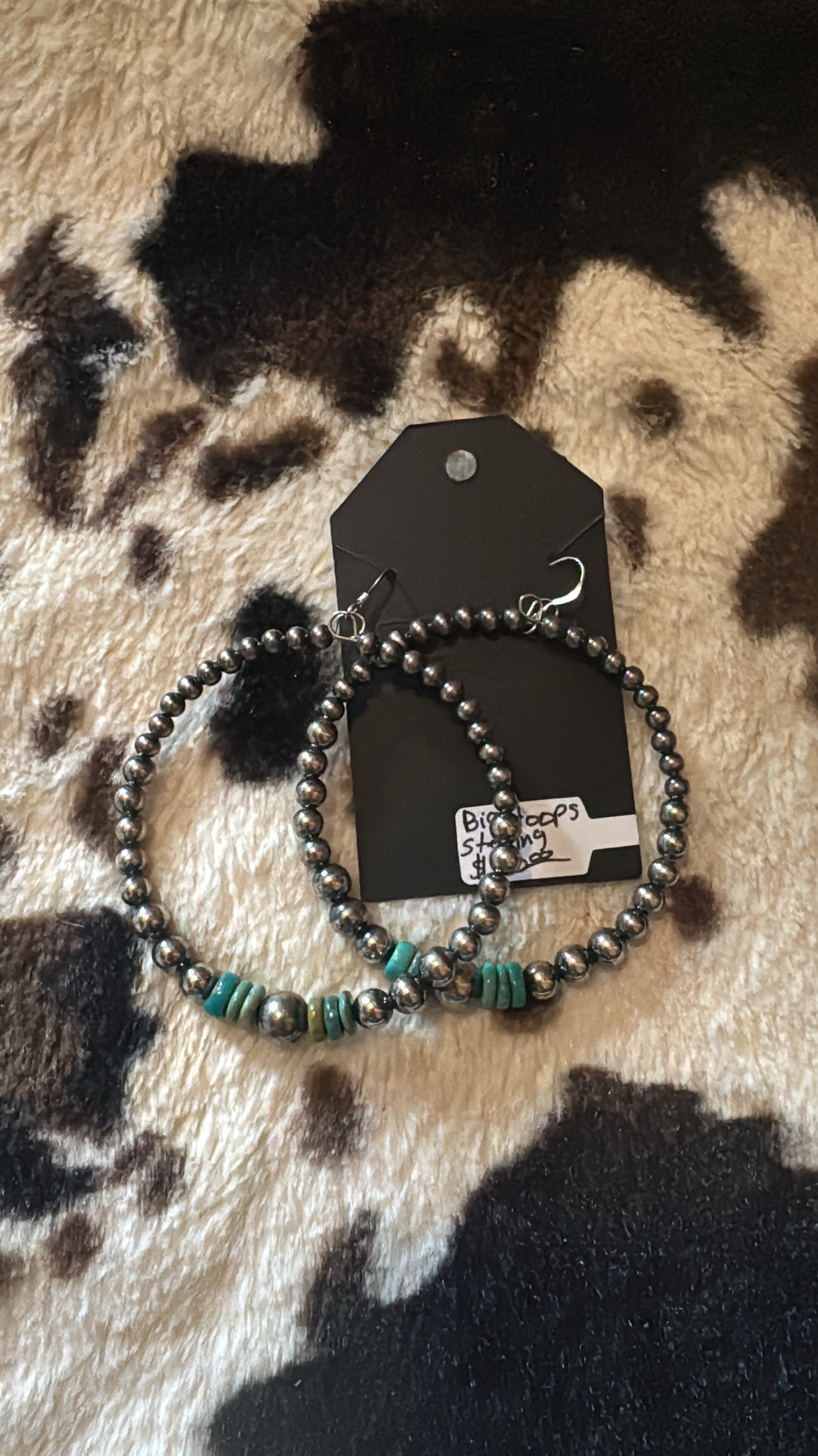 Big Sterling Silver Pearls Hoops with turquoise