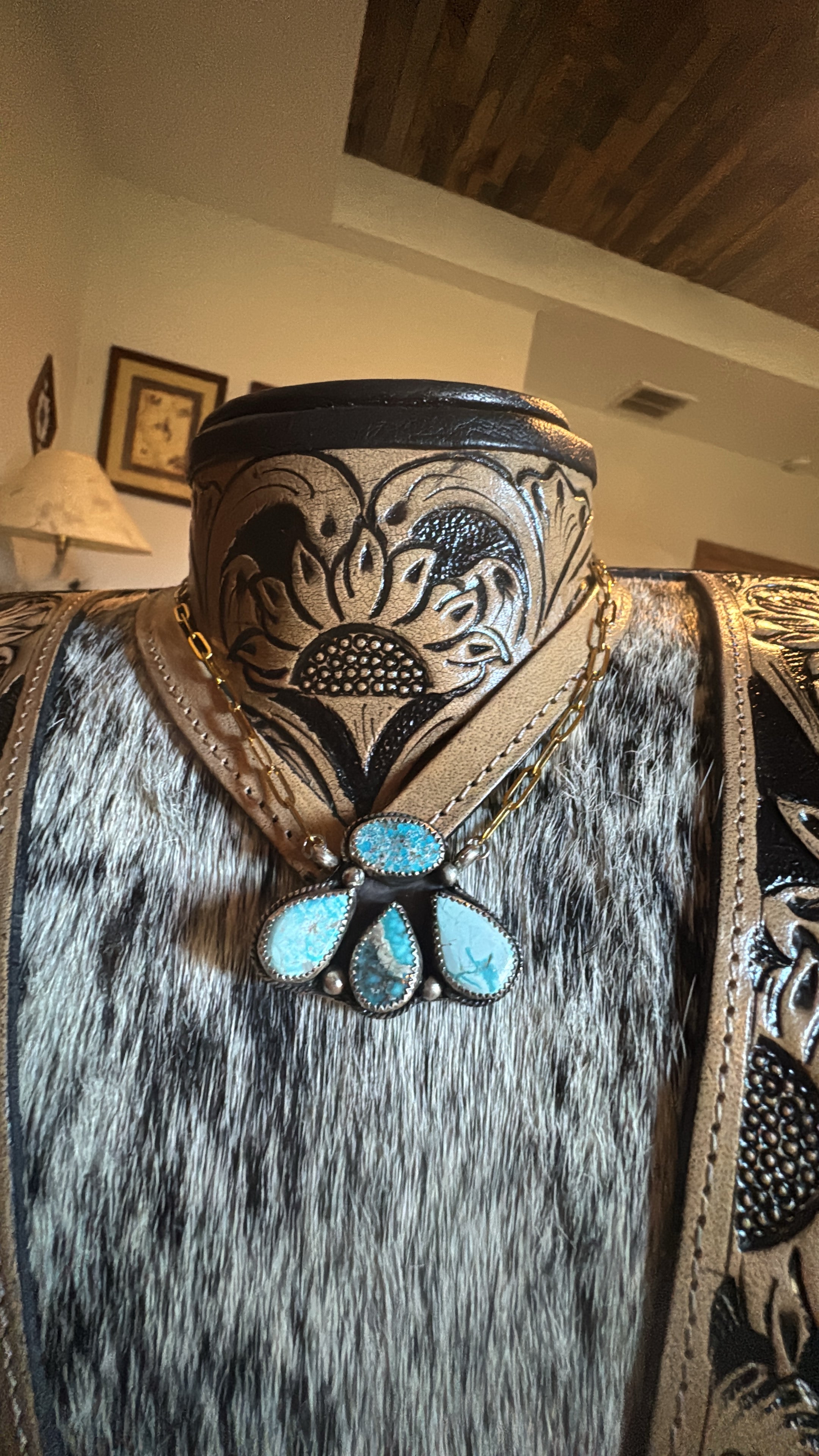 White water, turquoise, gold plated chain cluster necklace