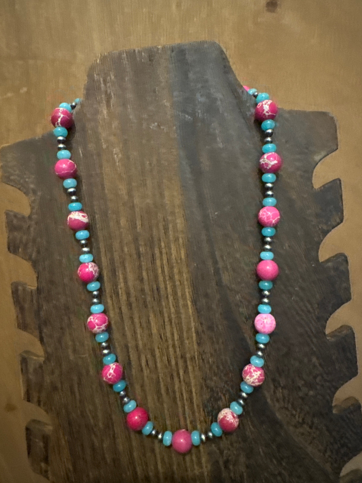 Pink sea sediment, sterling silver, and blue Opal necklace