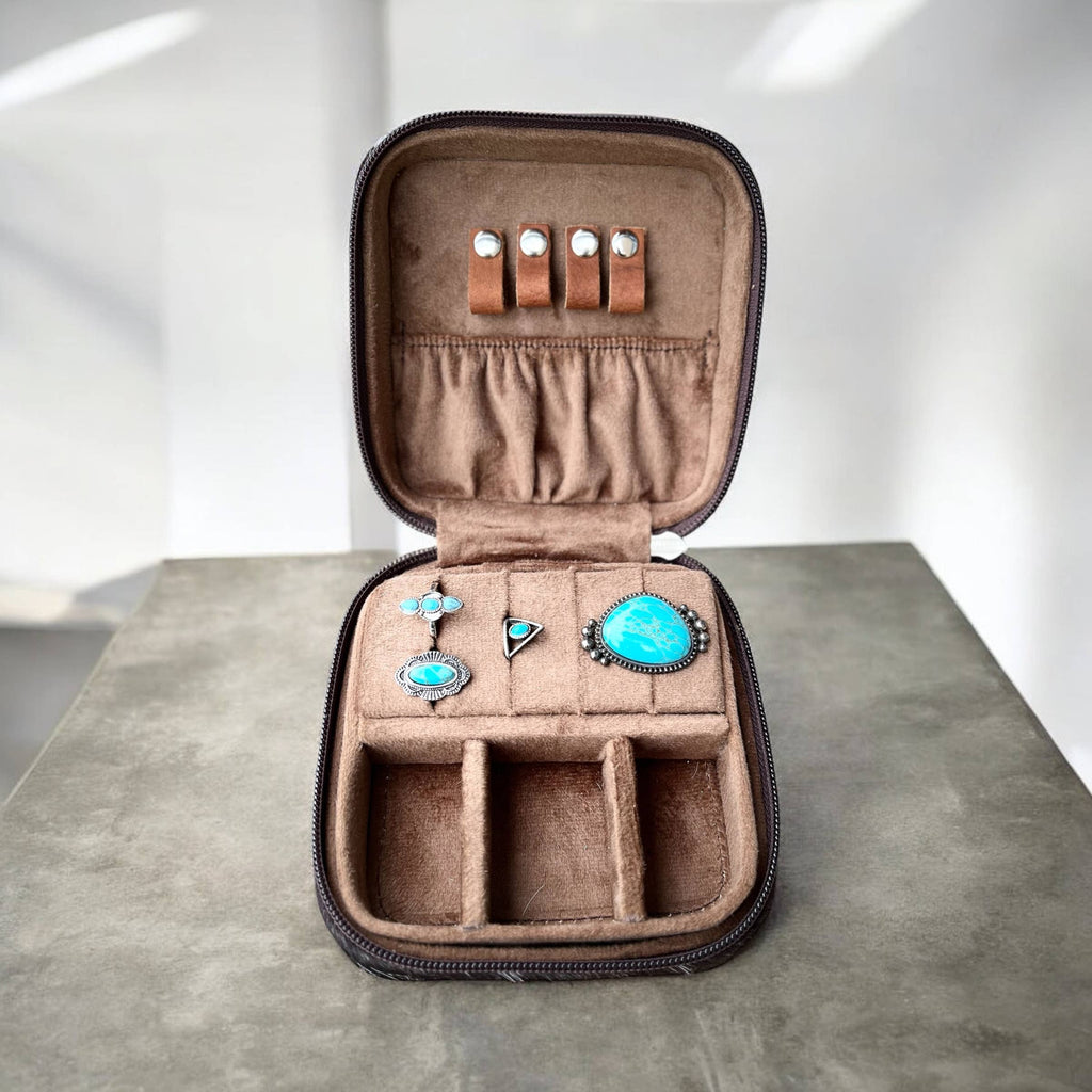 Turquoise tooled leather & cowhide jewelry box 