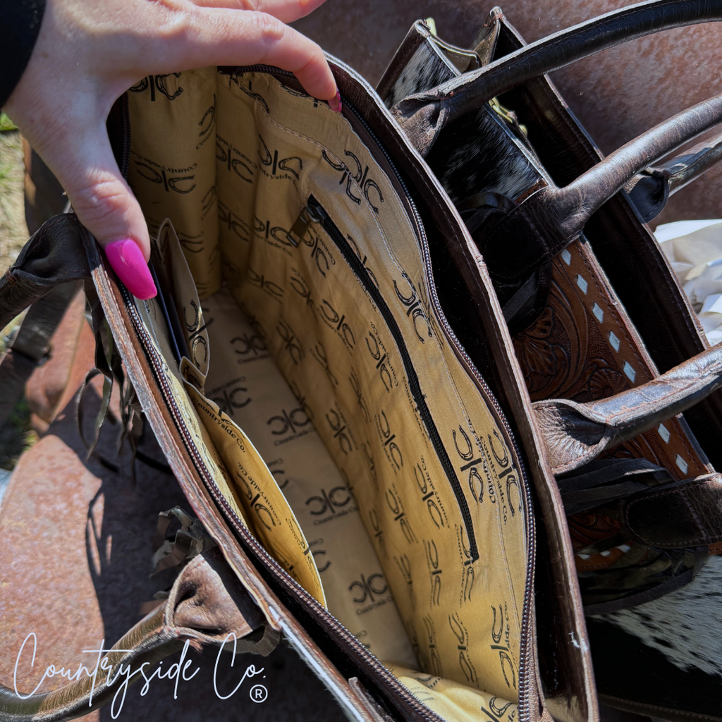 Jesse Cowhide and Tooled Leather Fringe Tote computer bag