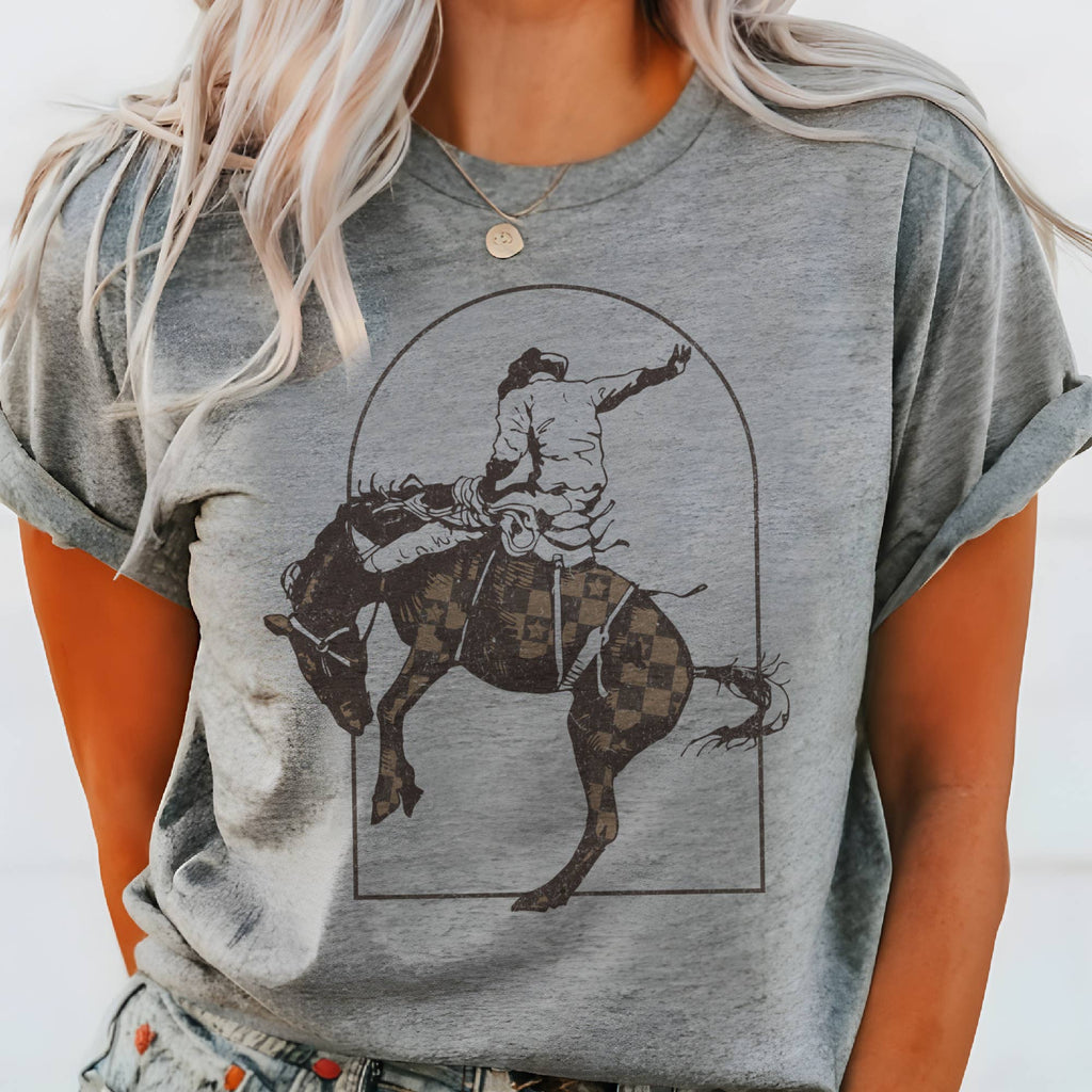 Western Bronco Checkered Horse Cowboy  Ranch Graphic Tee
