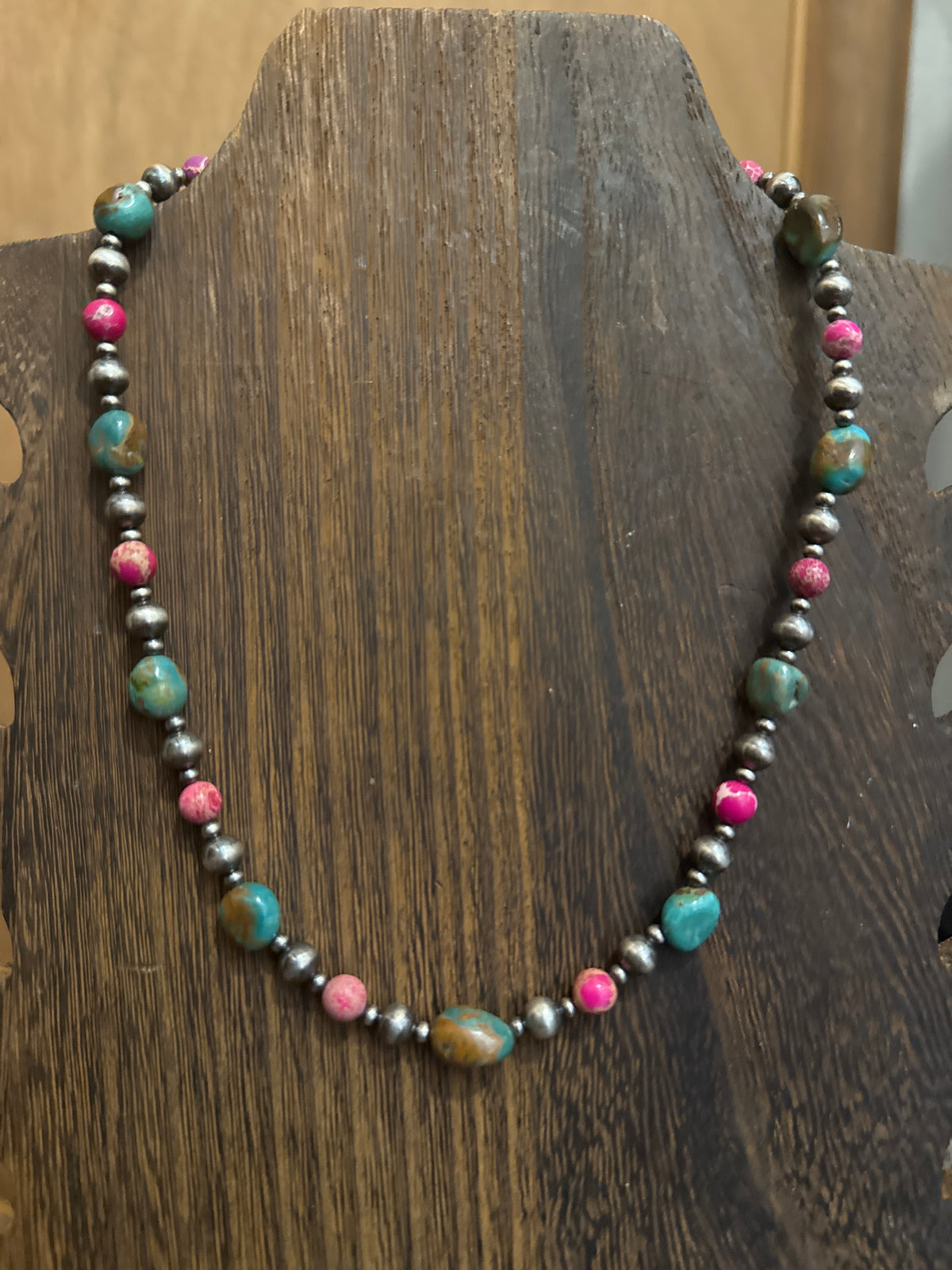 Pink sea sediment, sterling silver, and chunky turquoise necklace