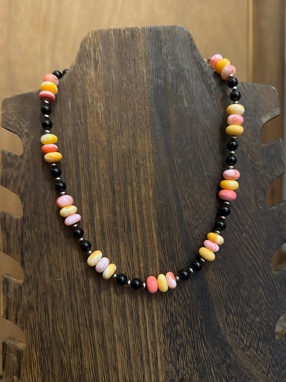 Pink and orange opal with black Onyx sterling silver necklace