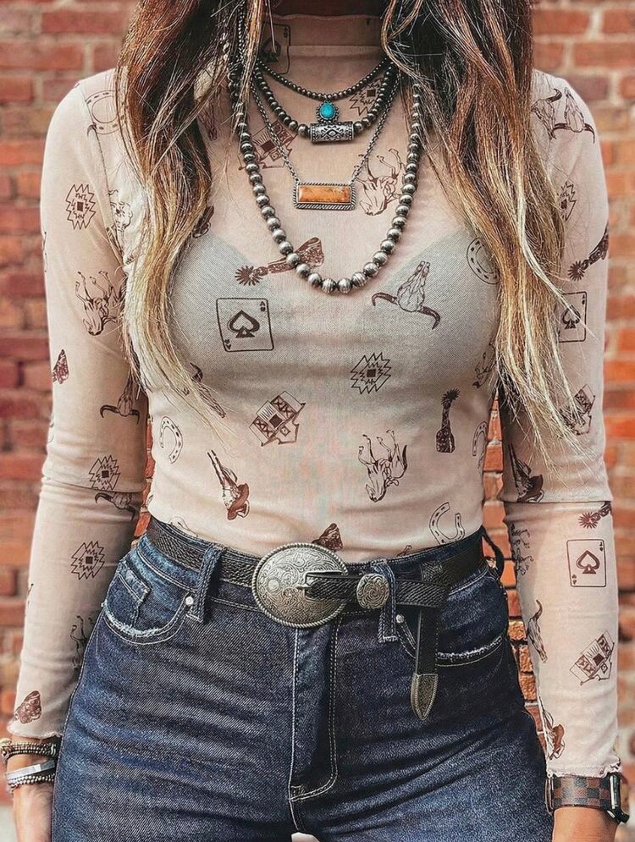 Western print mesh top