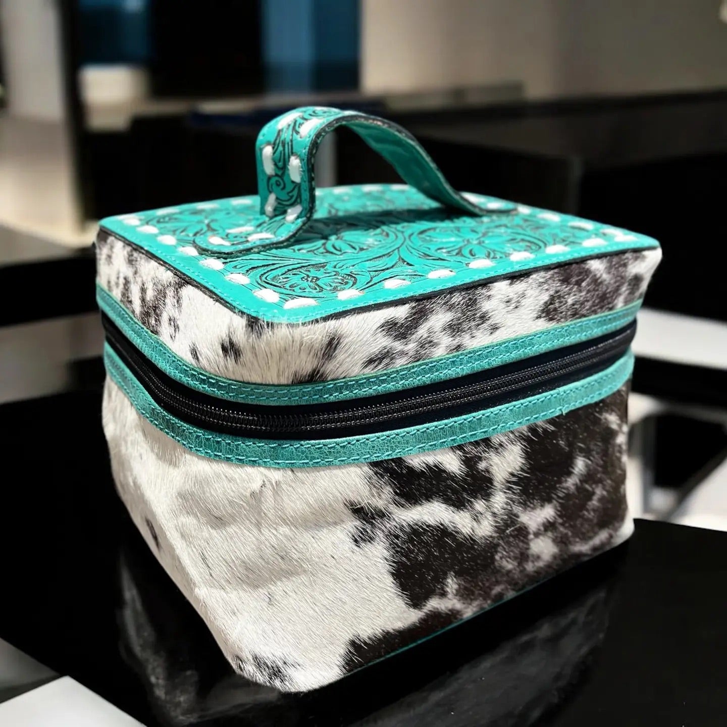 Turquoise tooled leather & cowhide makeup  box