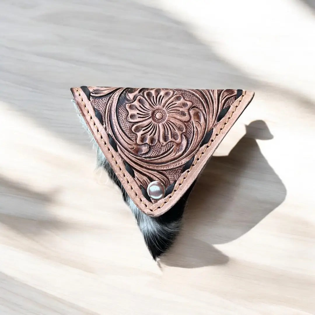 Blossom tooled leather & cowhide jewelry pouch