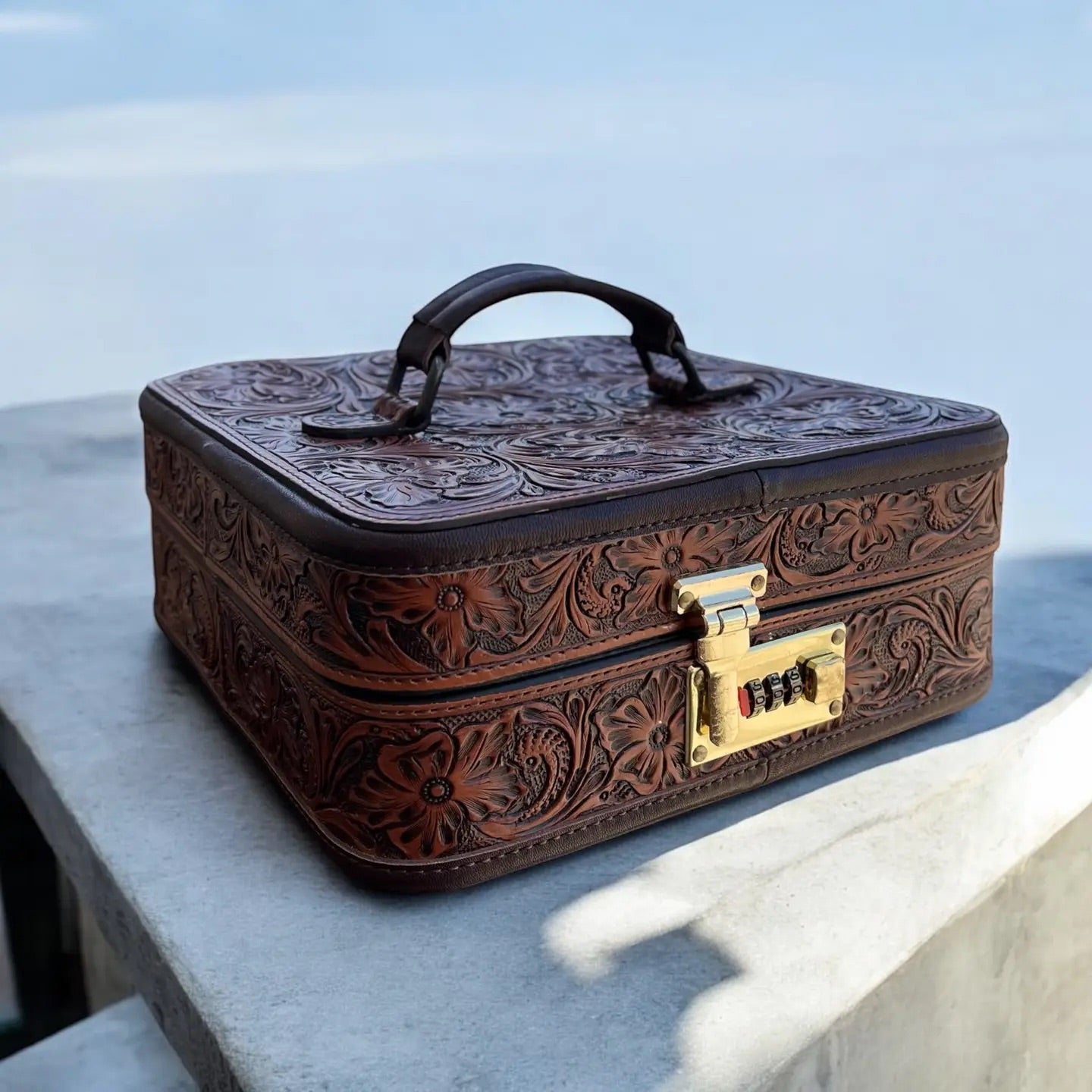 All tooled leather jewelry box with passcode