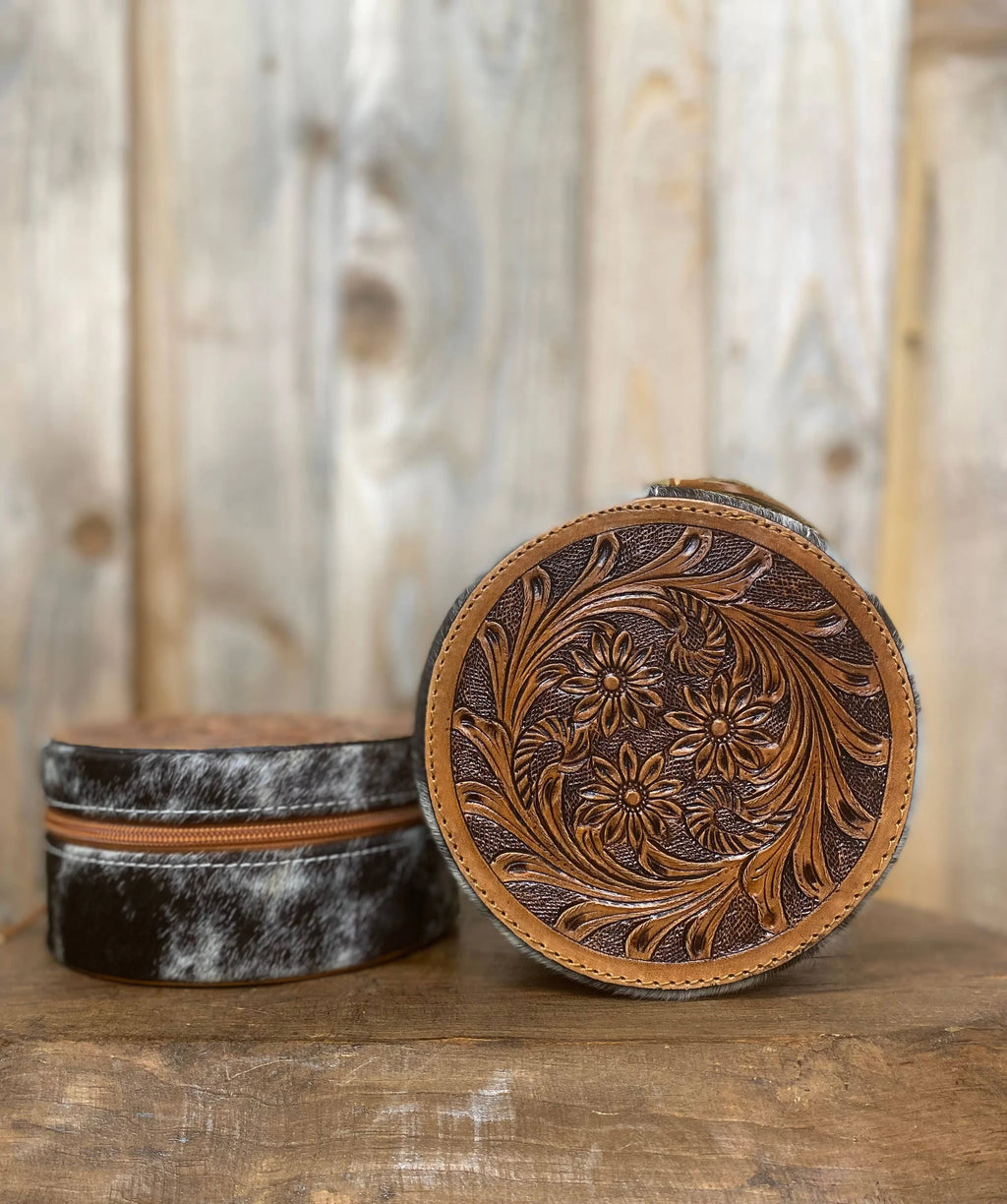 Round Tooled & Leather Cowhide Jewelry Box