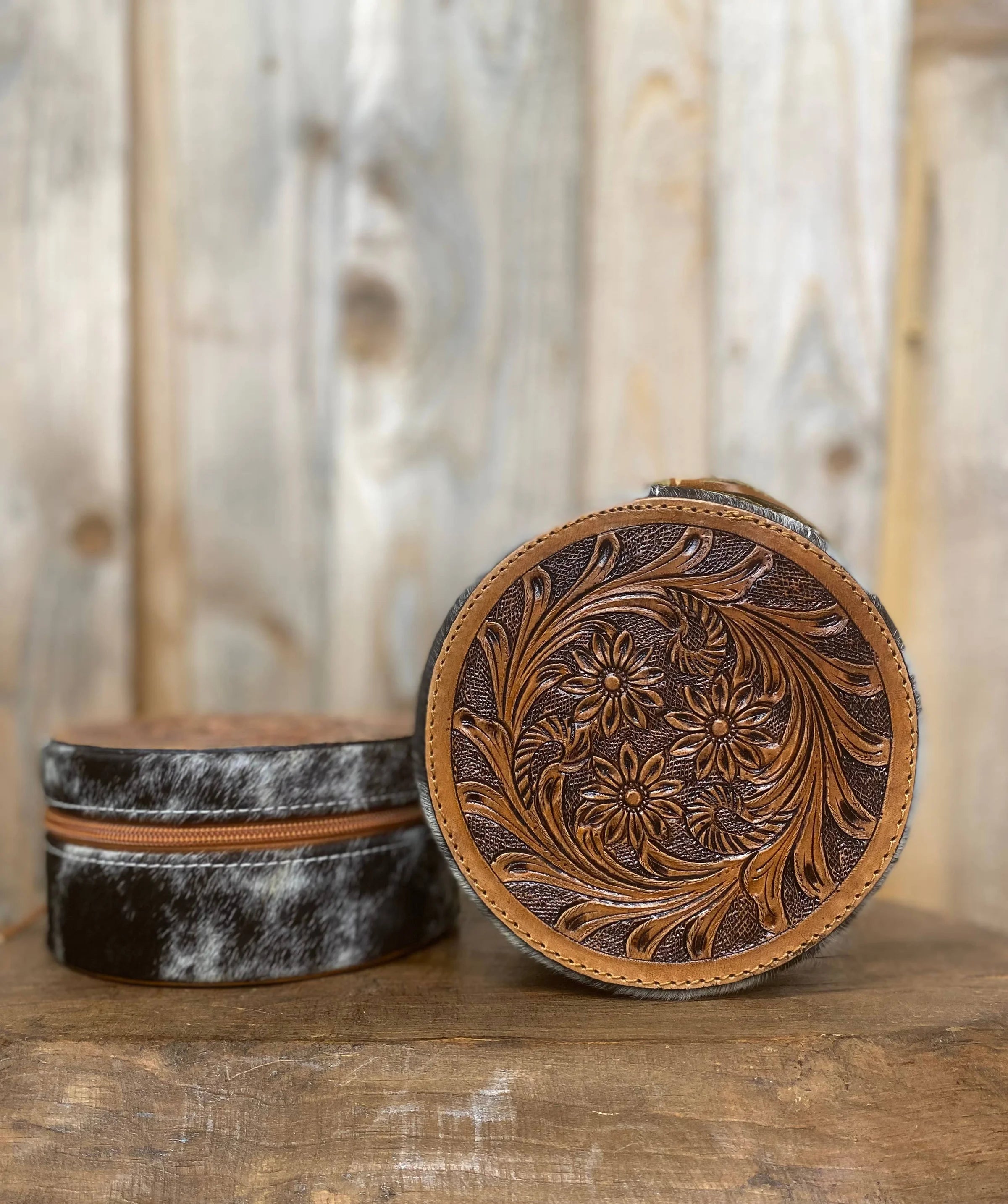 Round Tooled & Leather Cowhide Jewelry Box