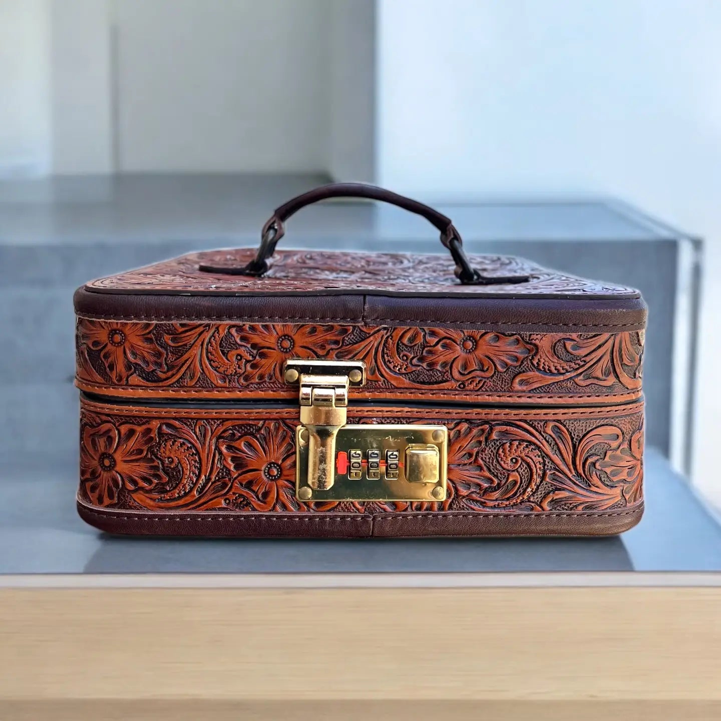 All tooled leather jewelry box with passcode