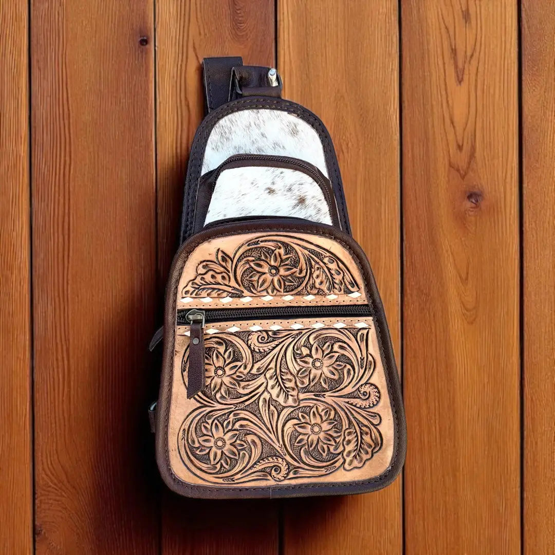Western Linens - Daisy tooled leather & cowhide sling bag