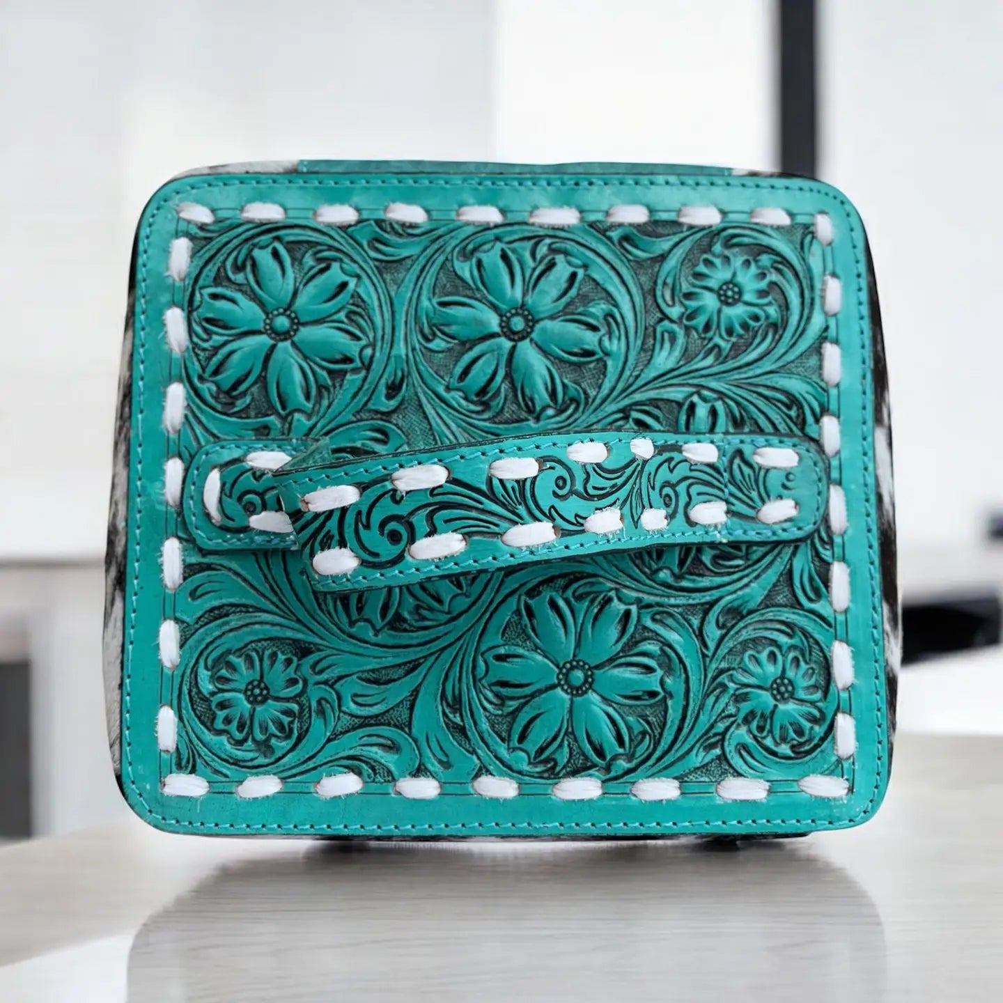 Turquoise tooled leather & cowhide makeup  box