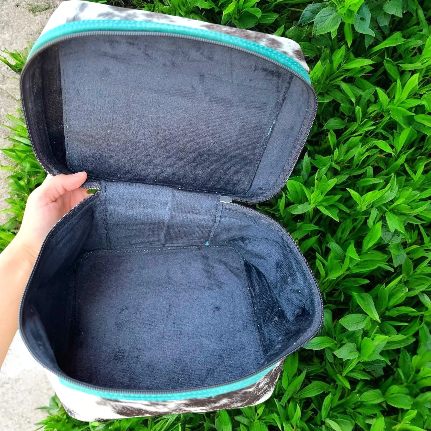 Turquoise tooled leather & cowhide makeup  box