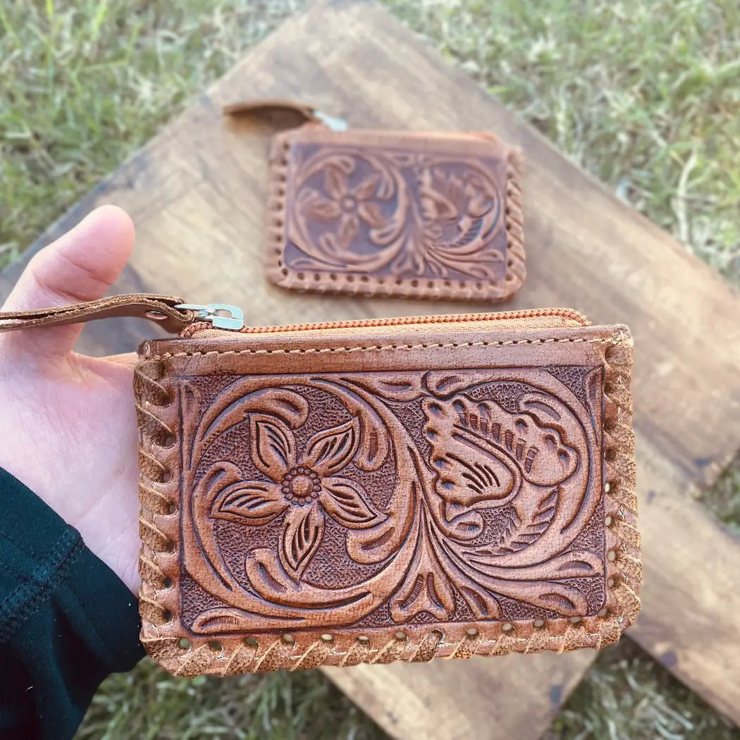 Classic Floral Tooled & Cowhide Coin Pouch