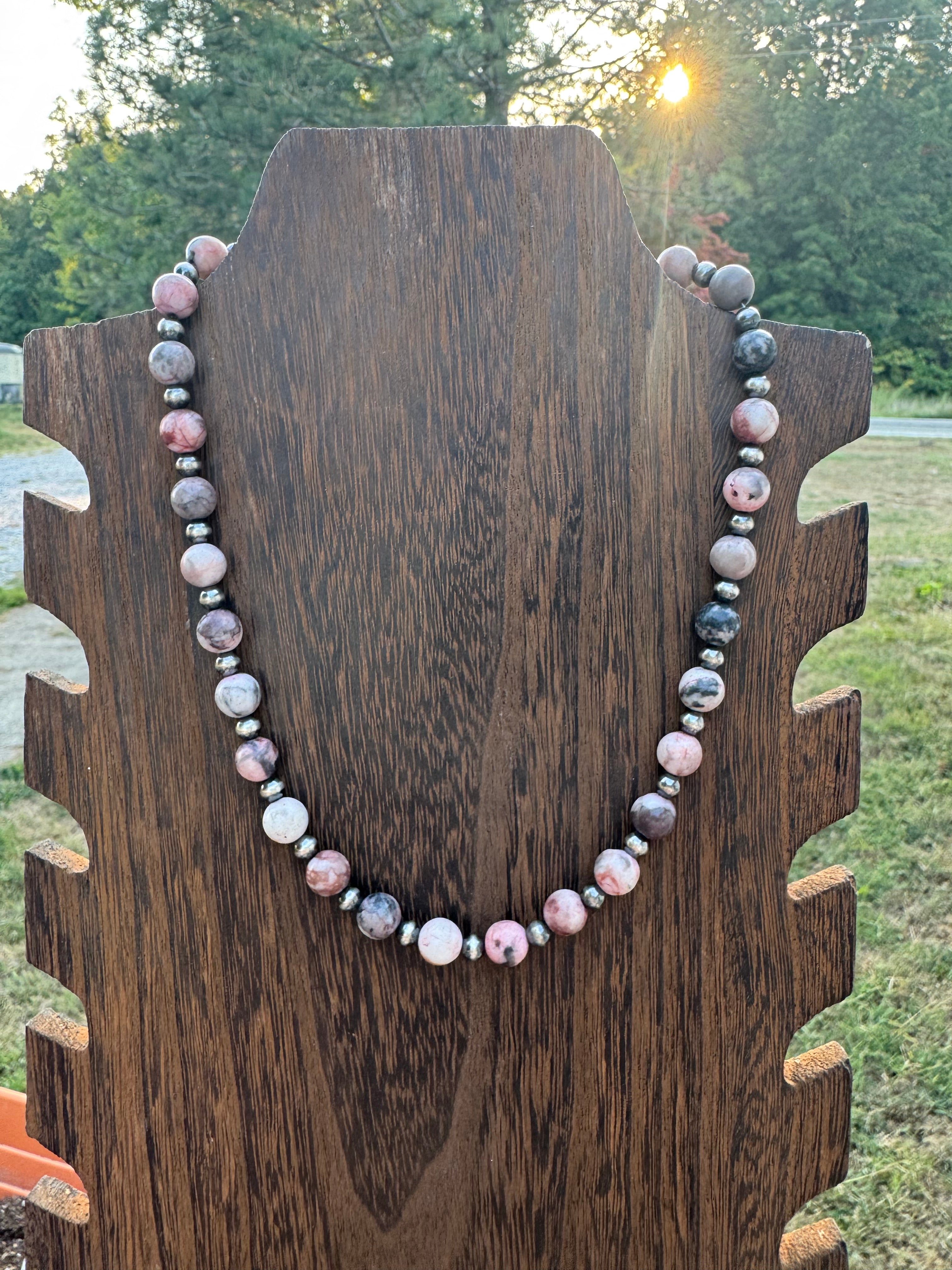 Pink Opal and bronze necklace sterling silver