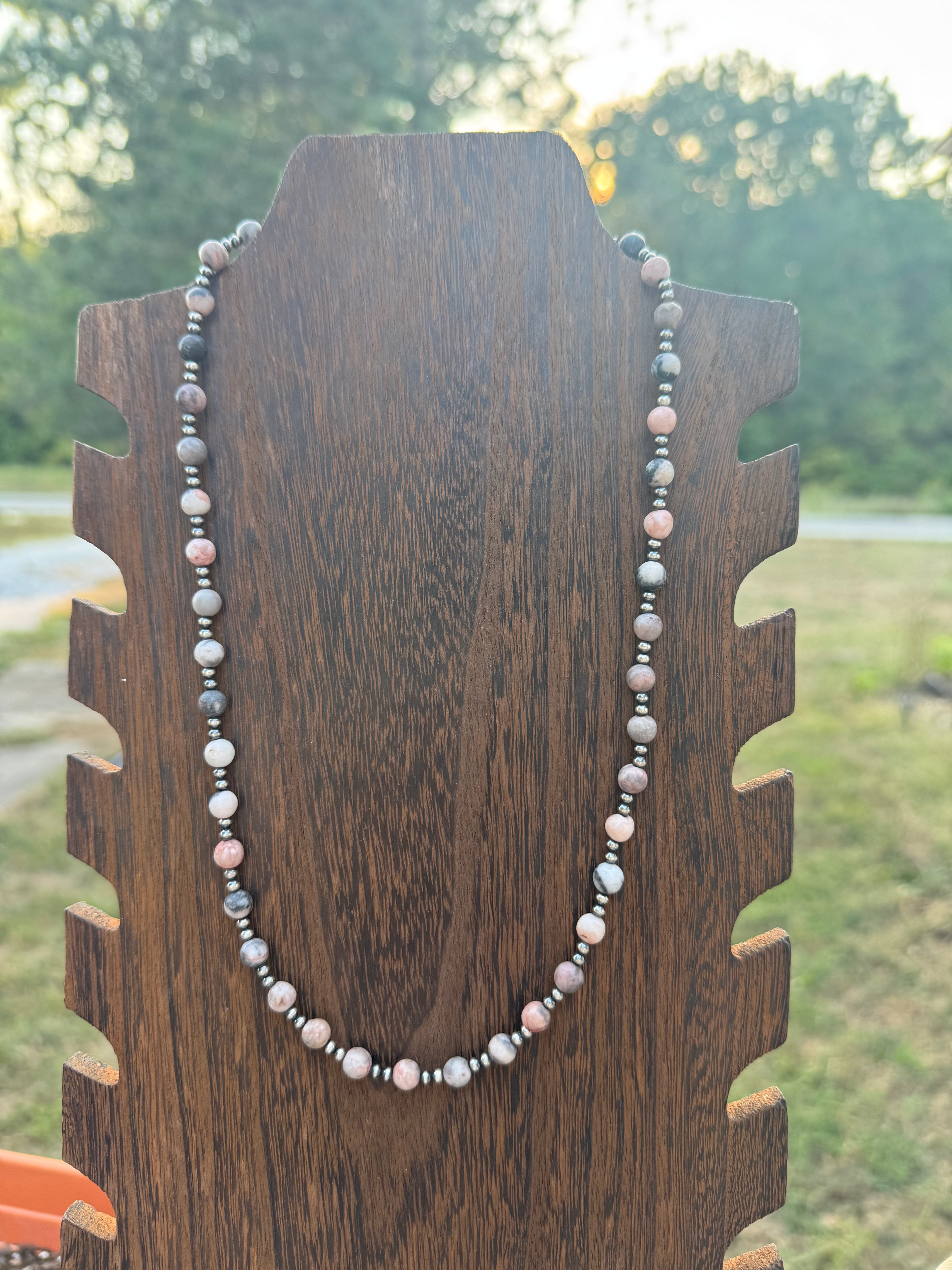 Pink opal, and sterling silver necklace