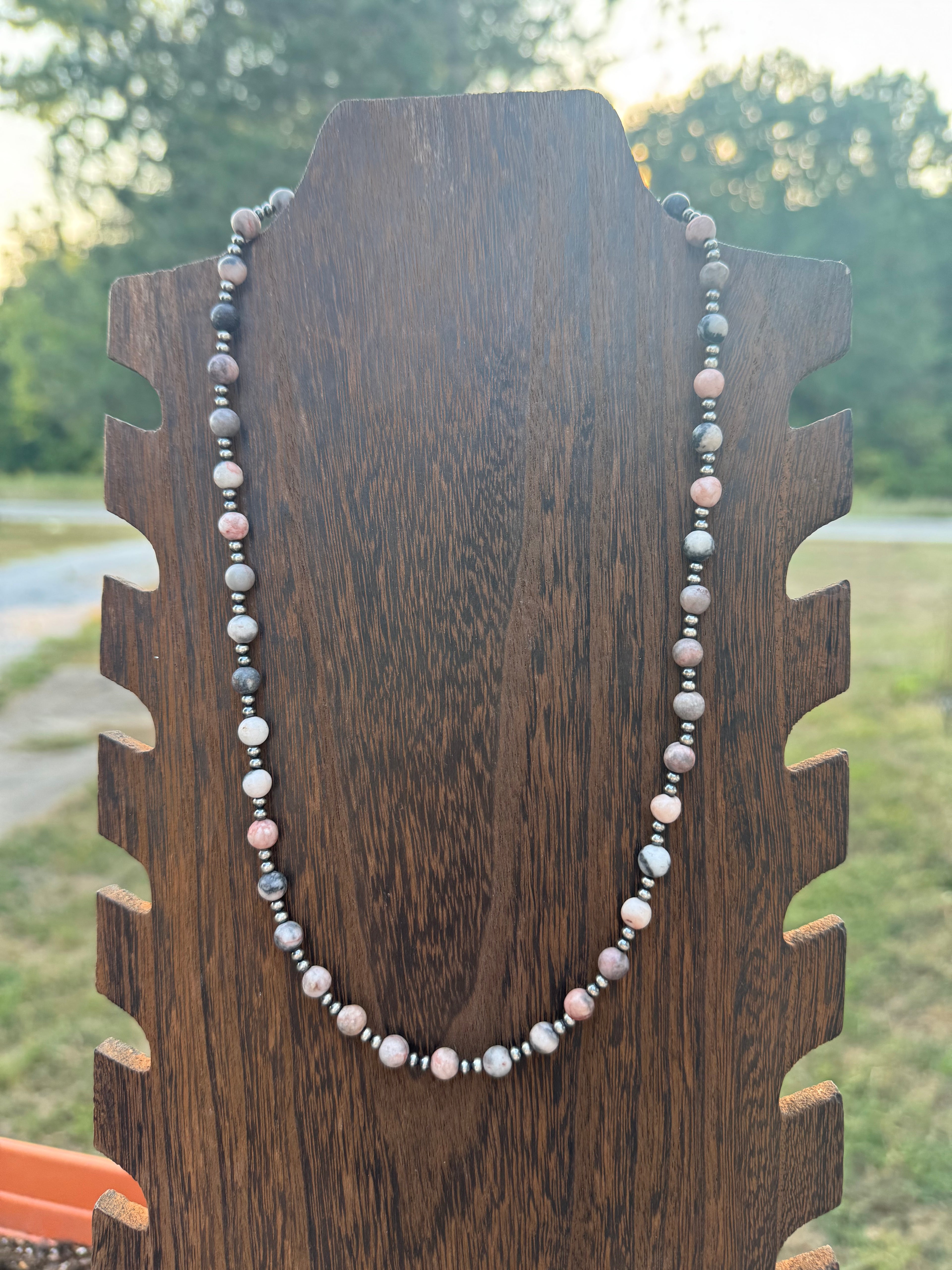Pink opal, and sterling silver necklace