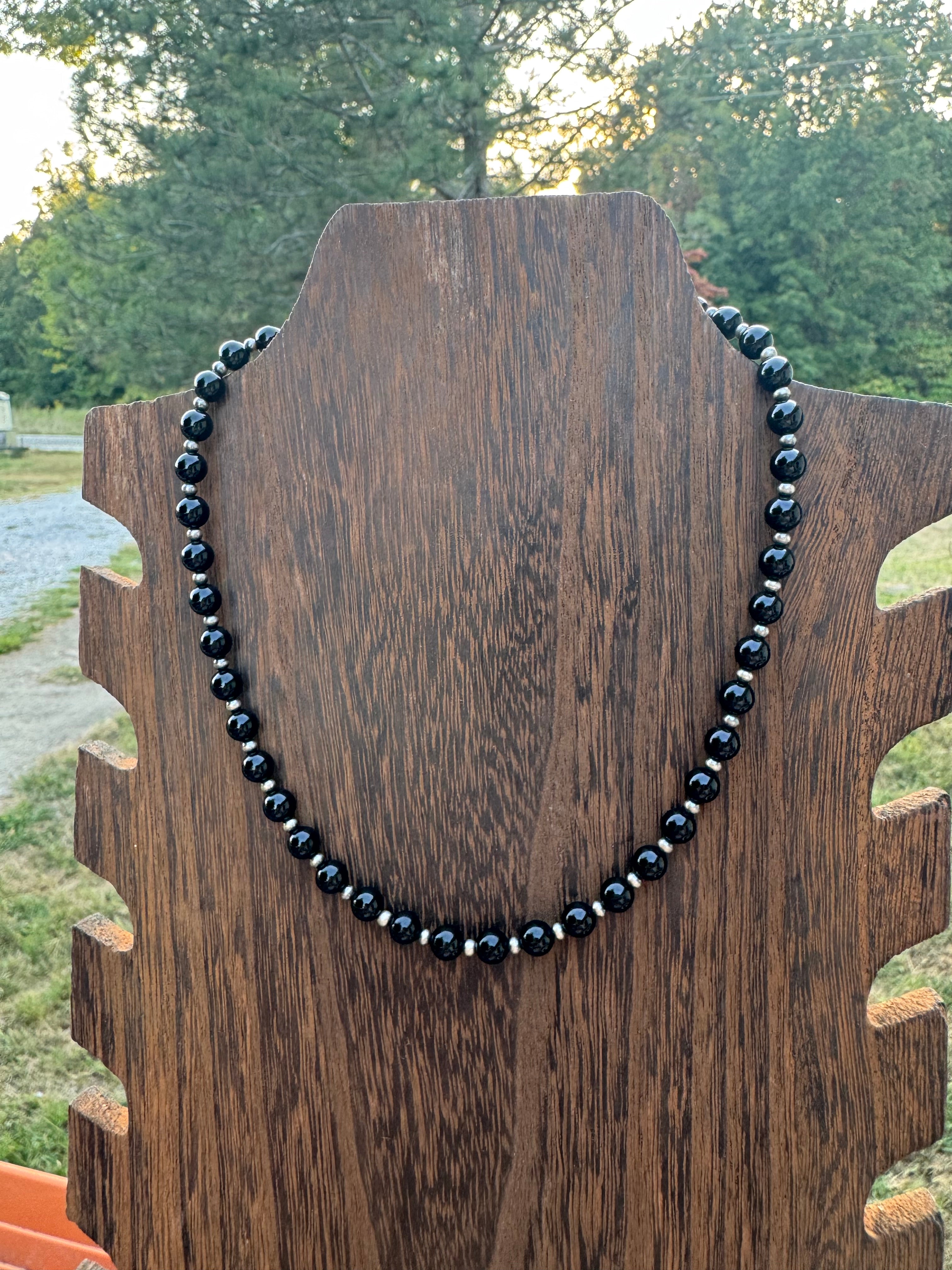 Black Onyx, and 3MM sterling silver pearl necklace