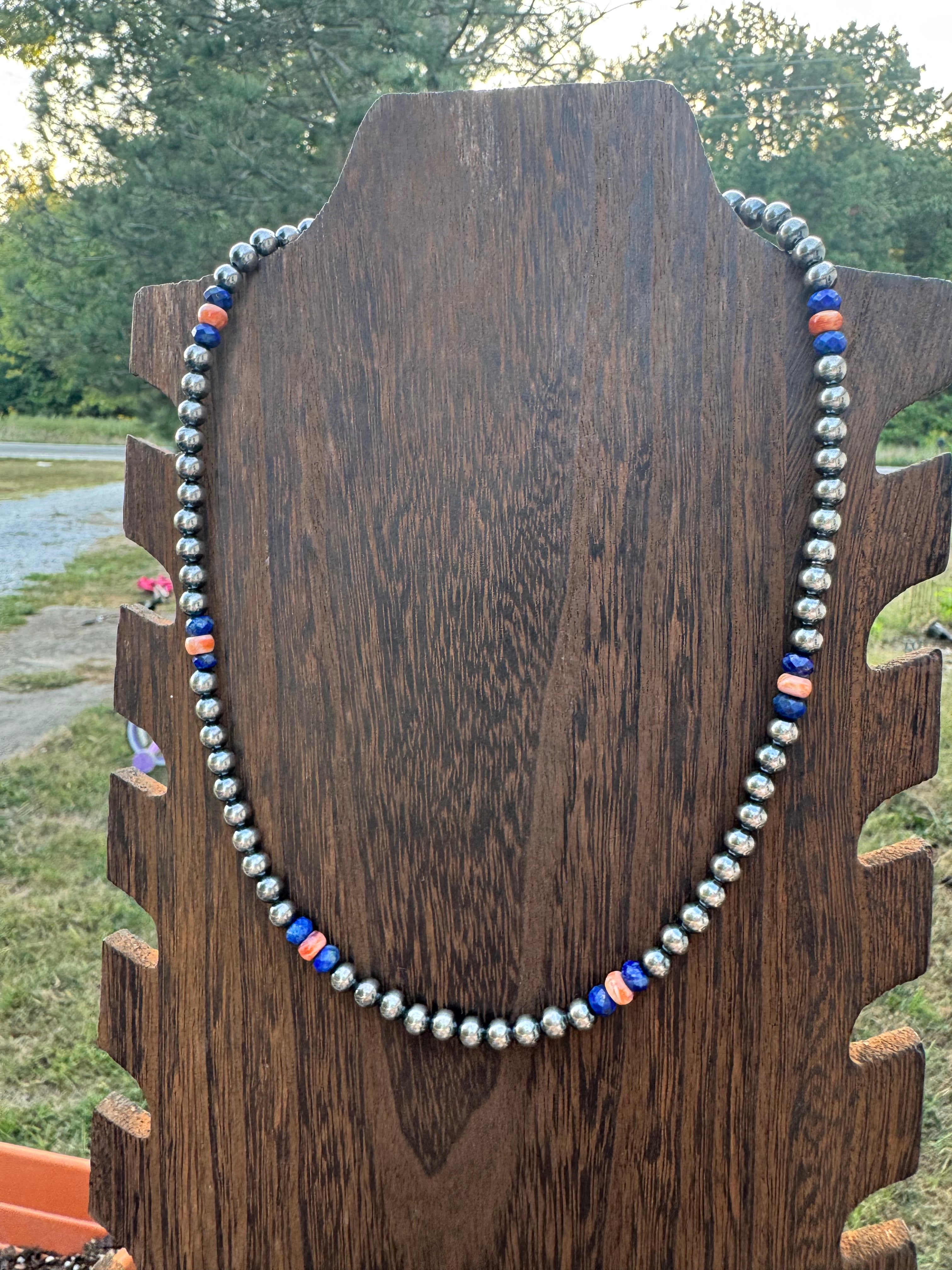 6mm sterling silver with blue lapis and orange spiny