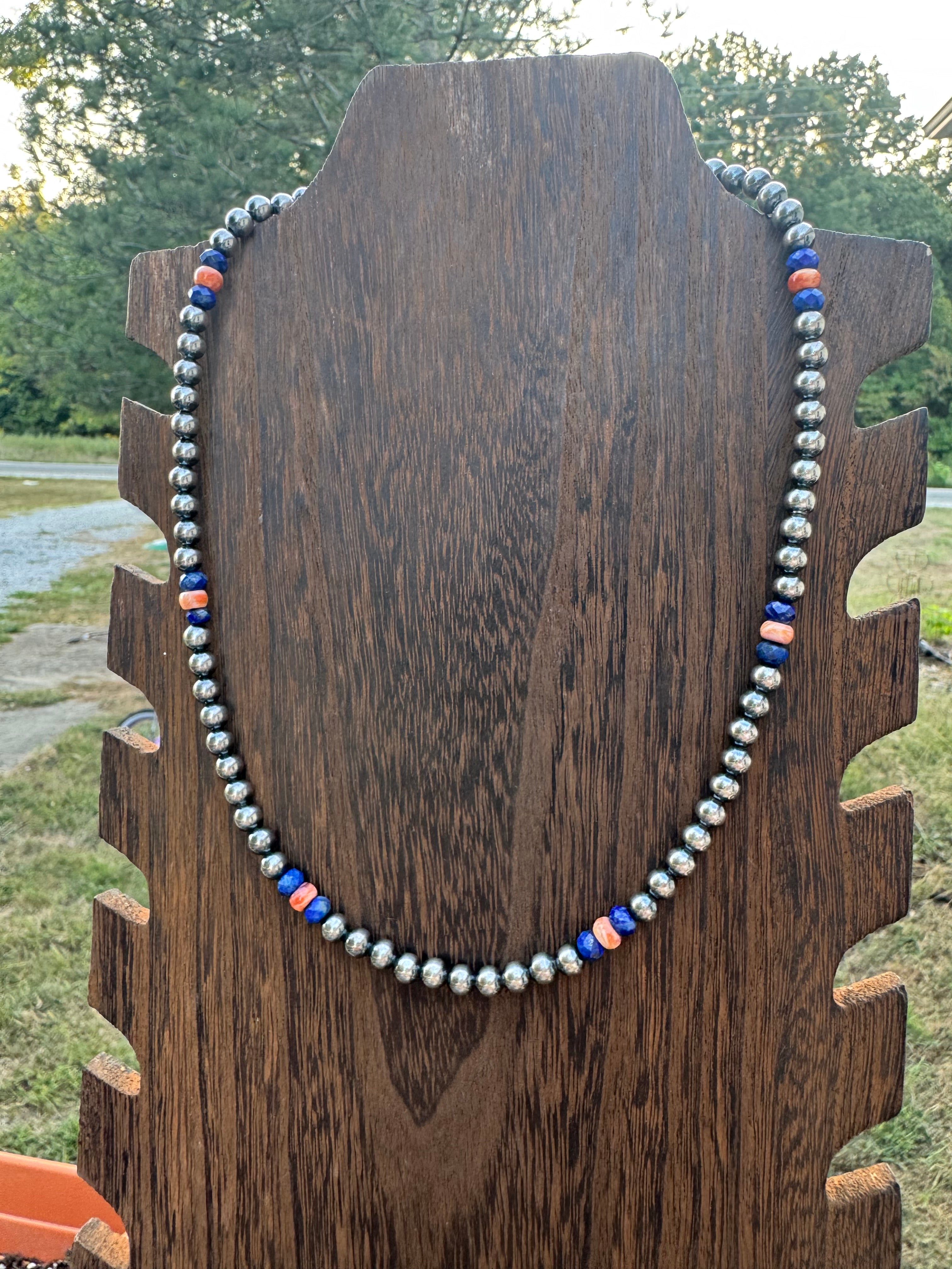 6mm sterling silver with blue lapis and orange spiny