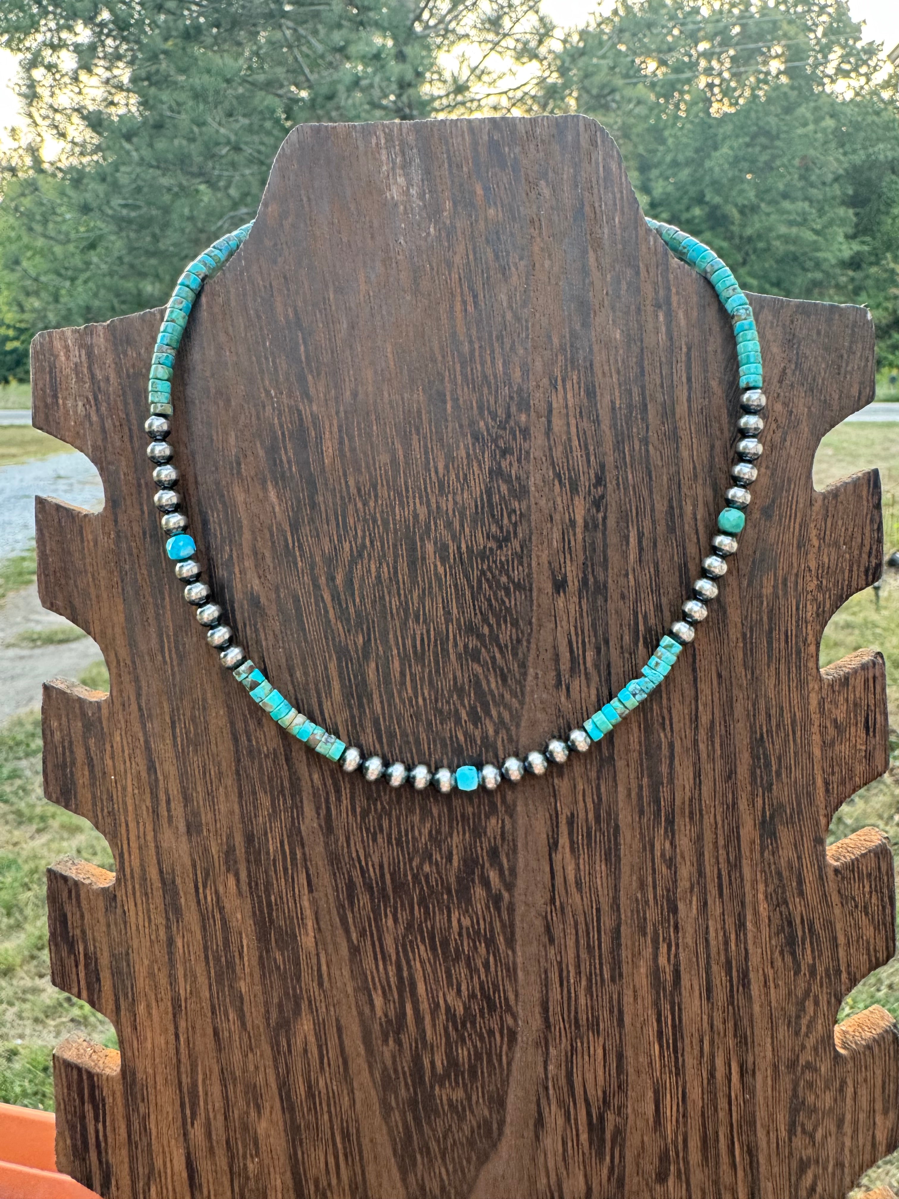 5MM sterling silver pearls with turquoise necklace