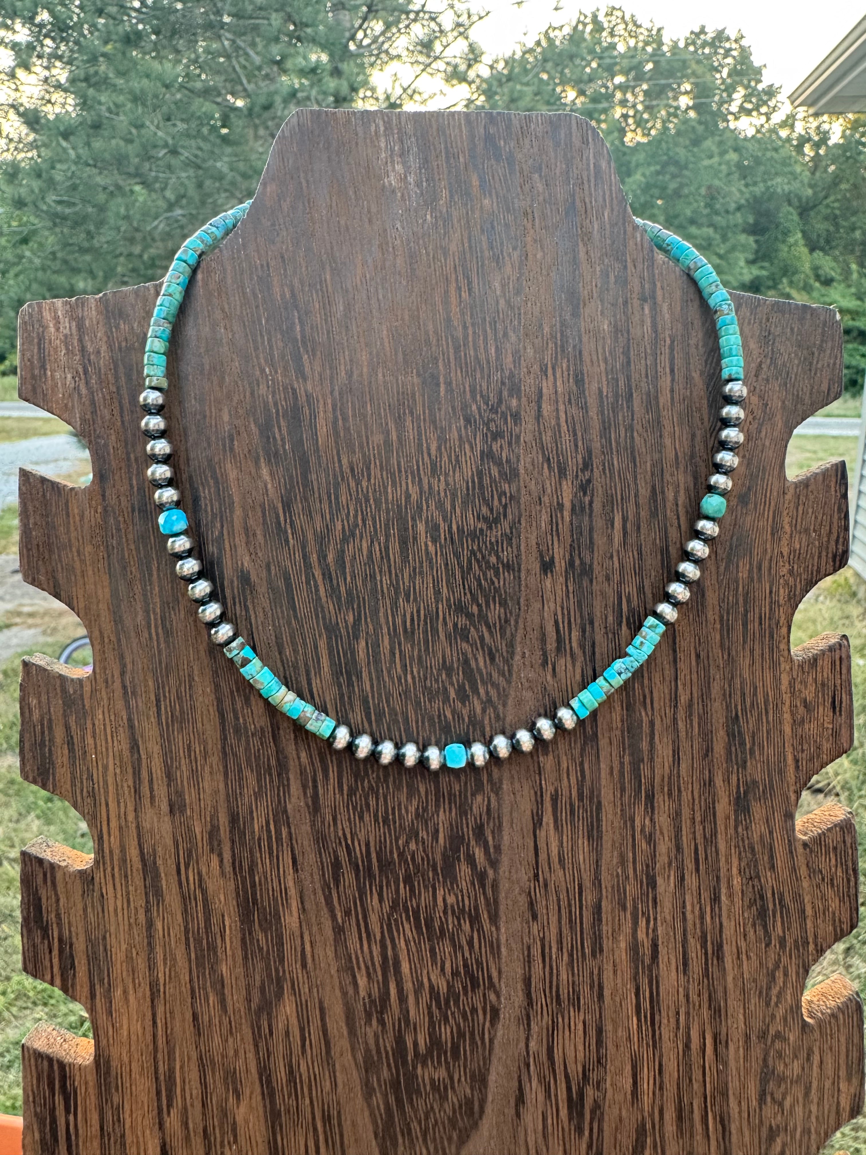 5MM sterling silver pearls with turquoise necklace