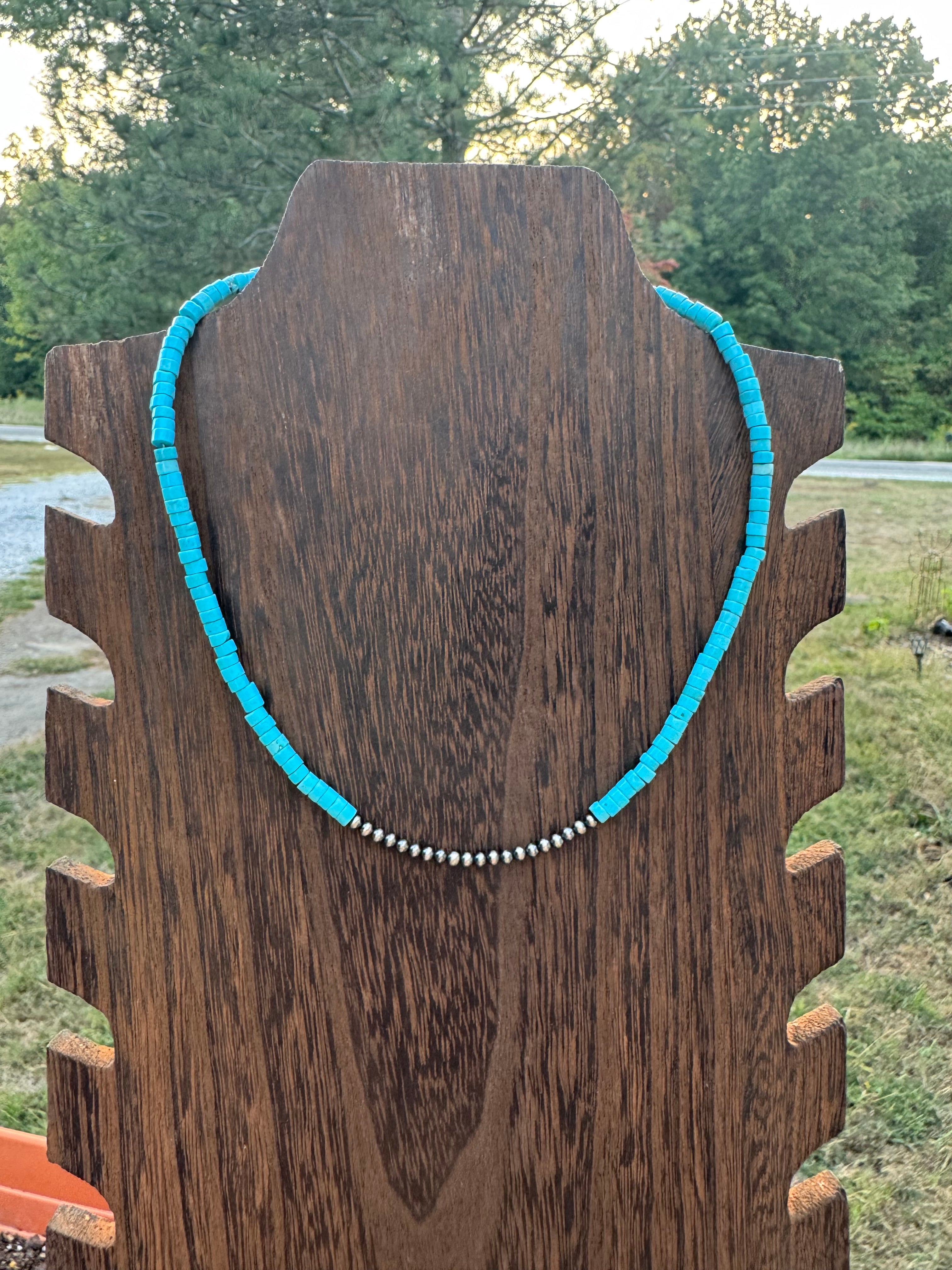 14 in. Serling silver turquoise necklace