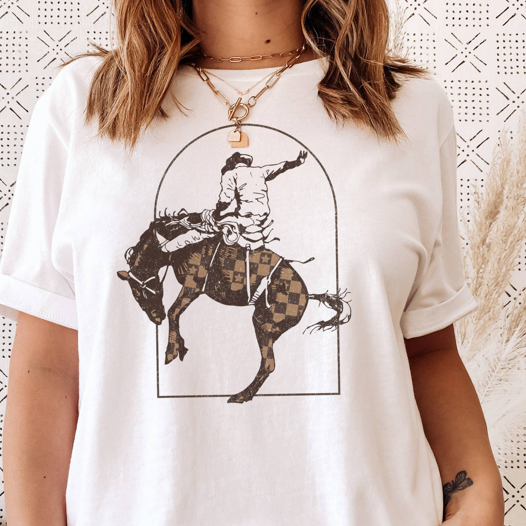 Western Bronco Checkered Horse Cowboy  Ranch Graphic Tee