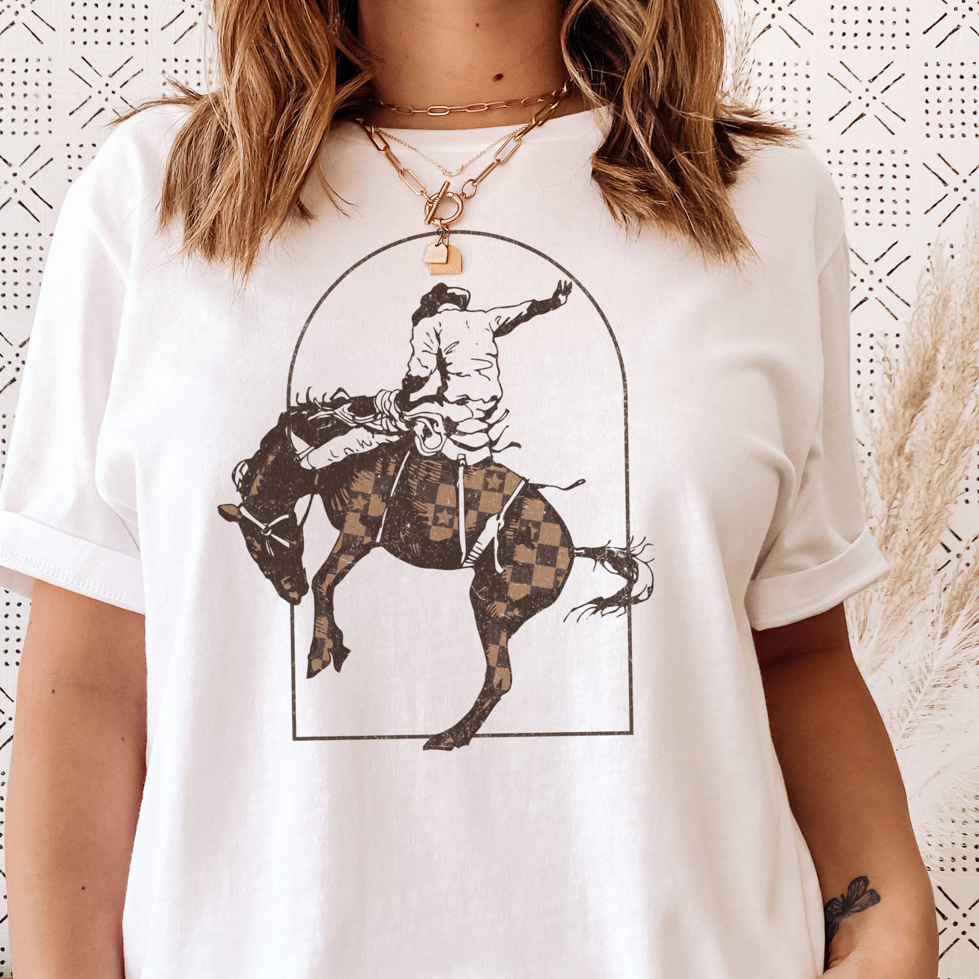 Western Bronco Checkered Horse Cowboy  Ranch Graphic Tee