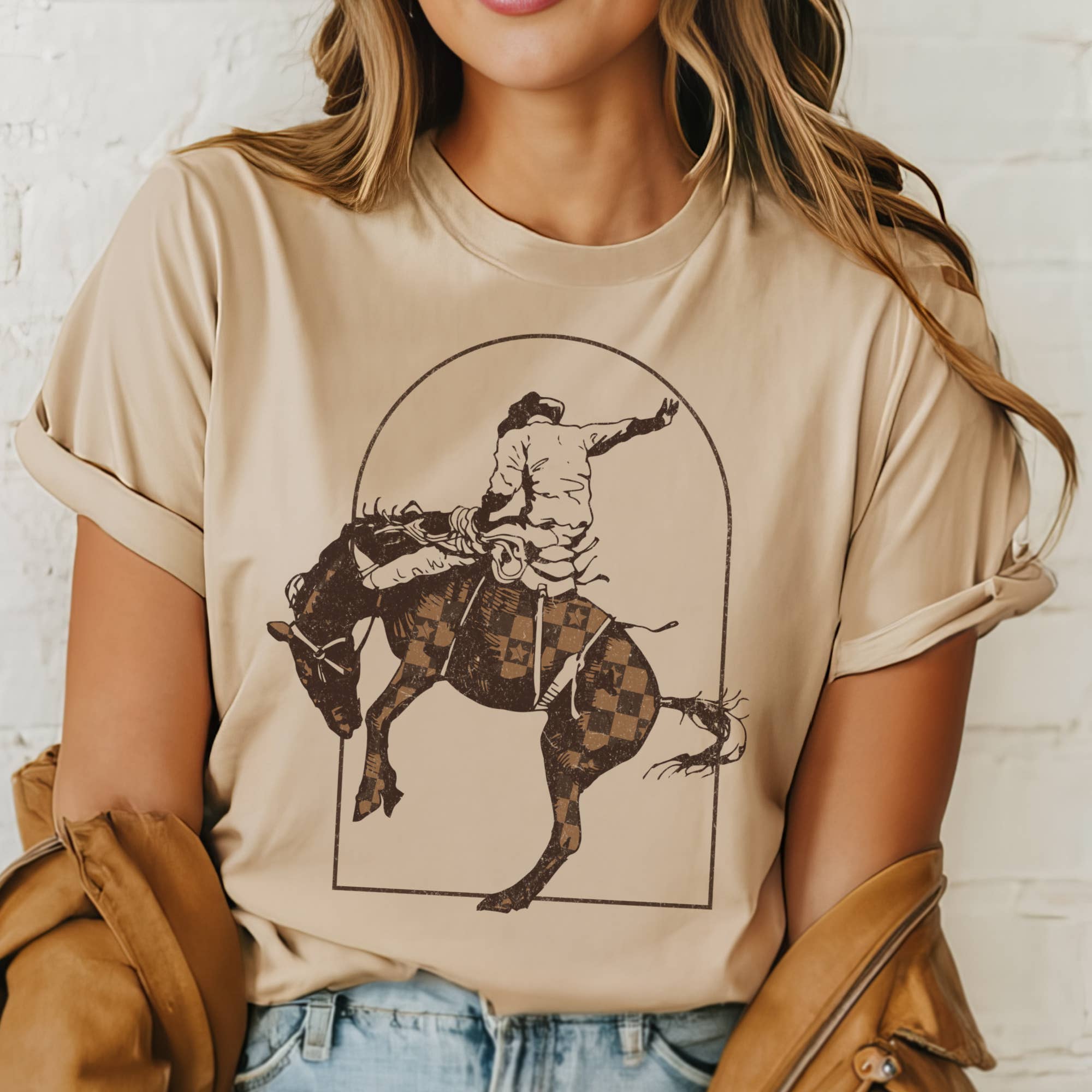 Western Bronco Checkered Horse Cowboy  Ranch Graphic Tee