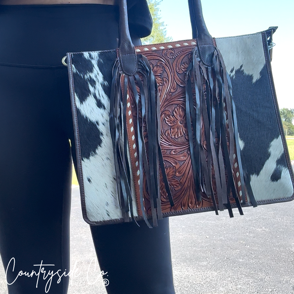 Jesse Cowhide and Tooled Leather Fringe Tote computer bag