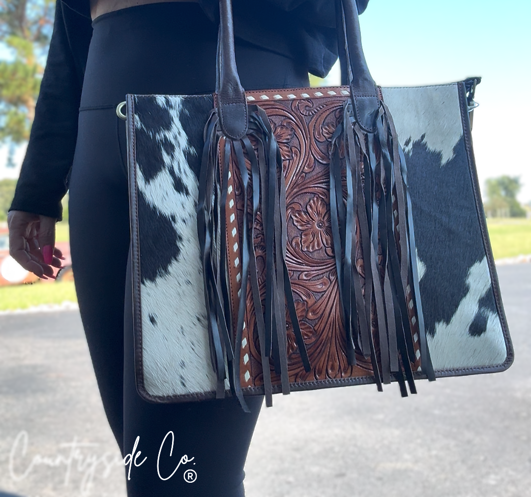 Jesse Cowhide and Tooled Leather Fringe Tote computer bag