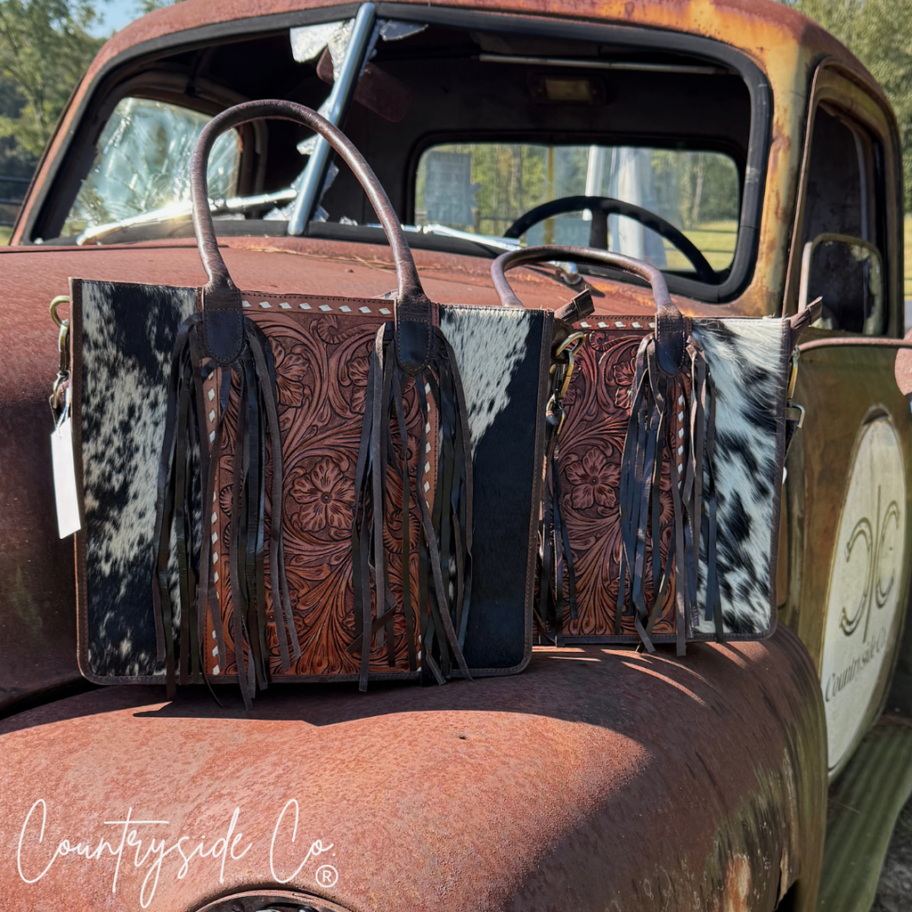 Jesse Cowhide and Tooled Leather Fringe Tote computer bag
