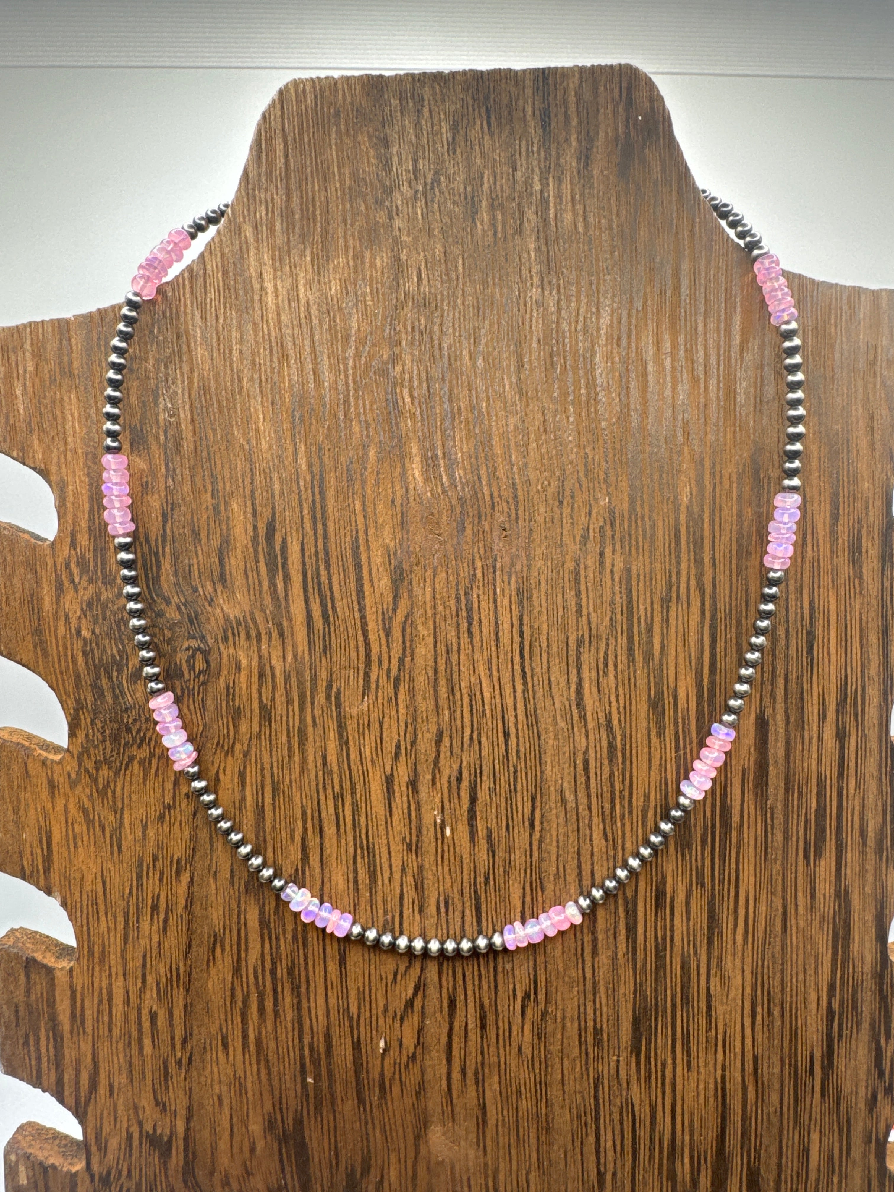 Pink opal 3mm sterling silver 14 inch