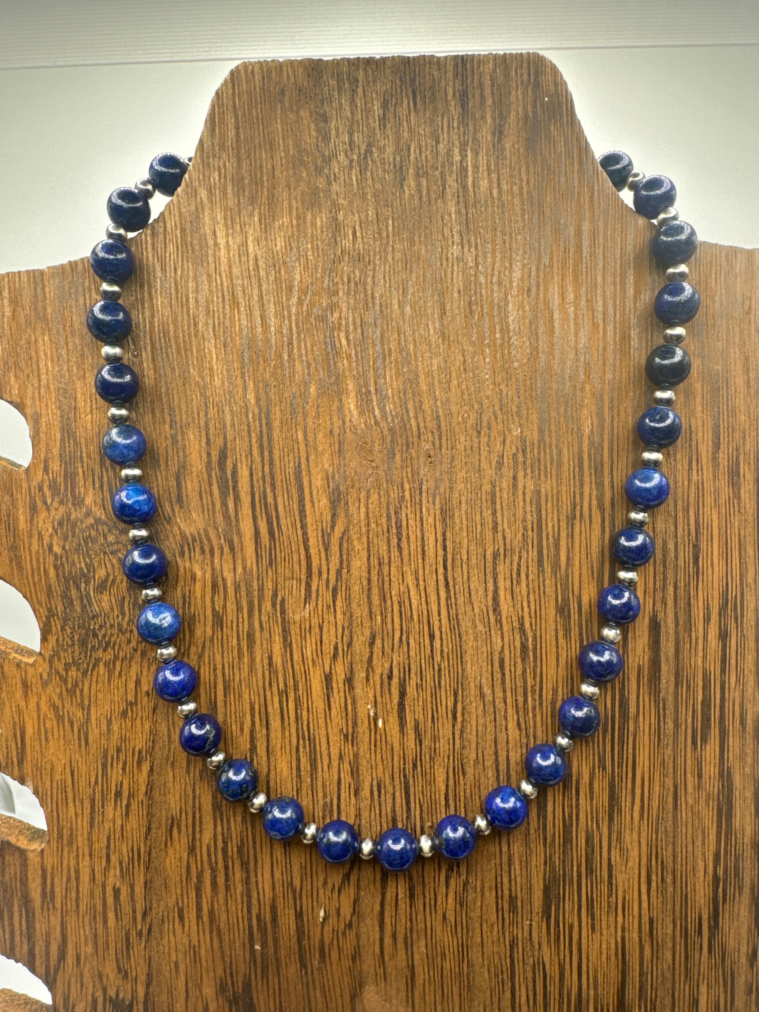 Blue lapis with 4MM sterling silver pearls 14 inches