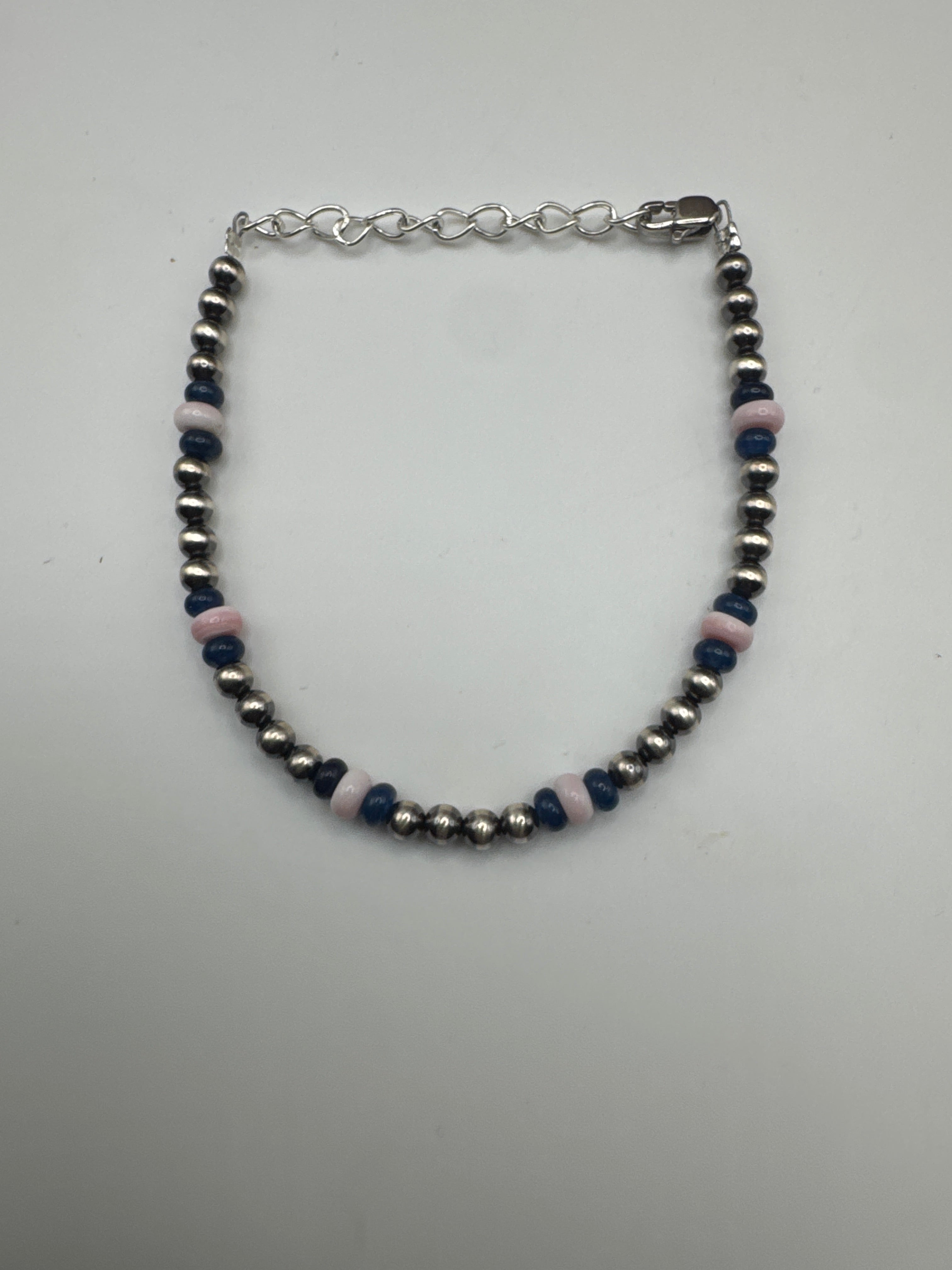 4MM Sterling, silver bracelet, pink and blue lapis