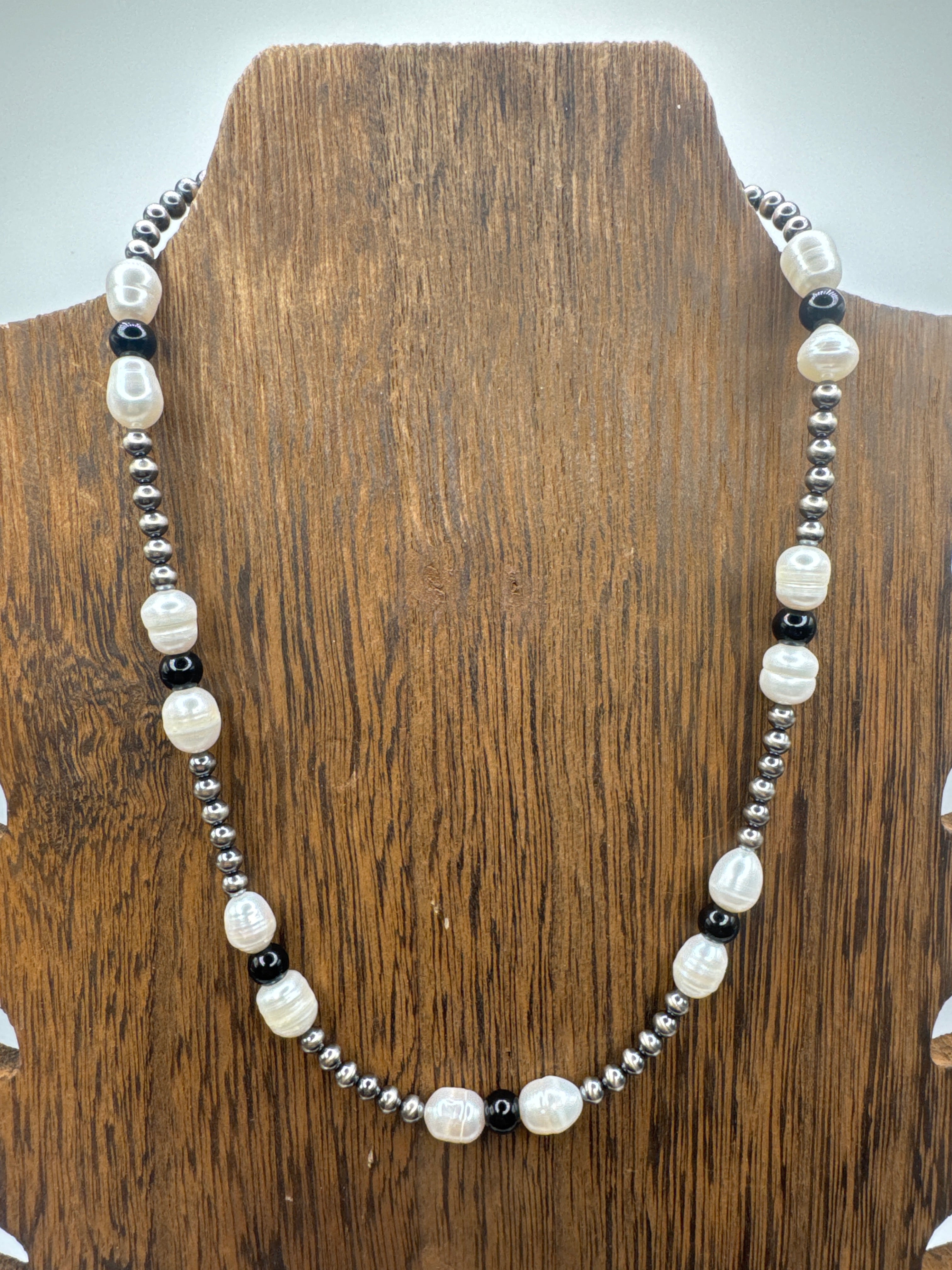 Freshwater pearls 4MM sterling silver black Onyx necklace