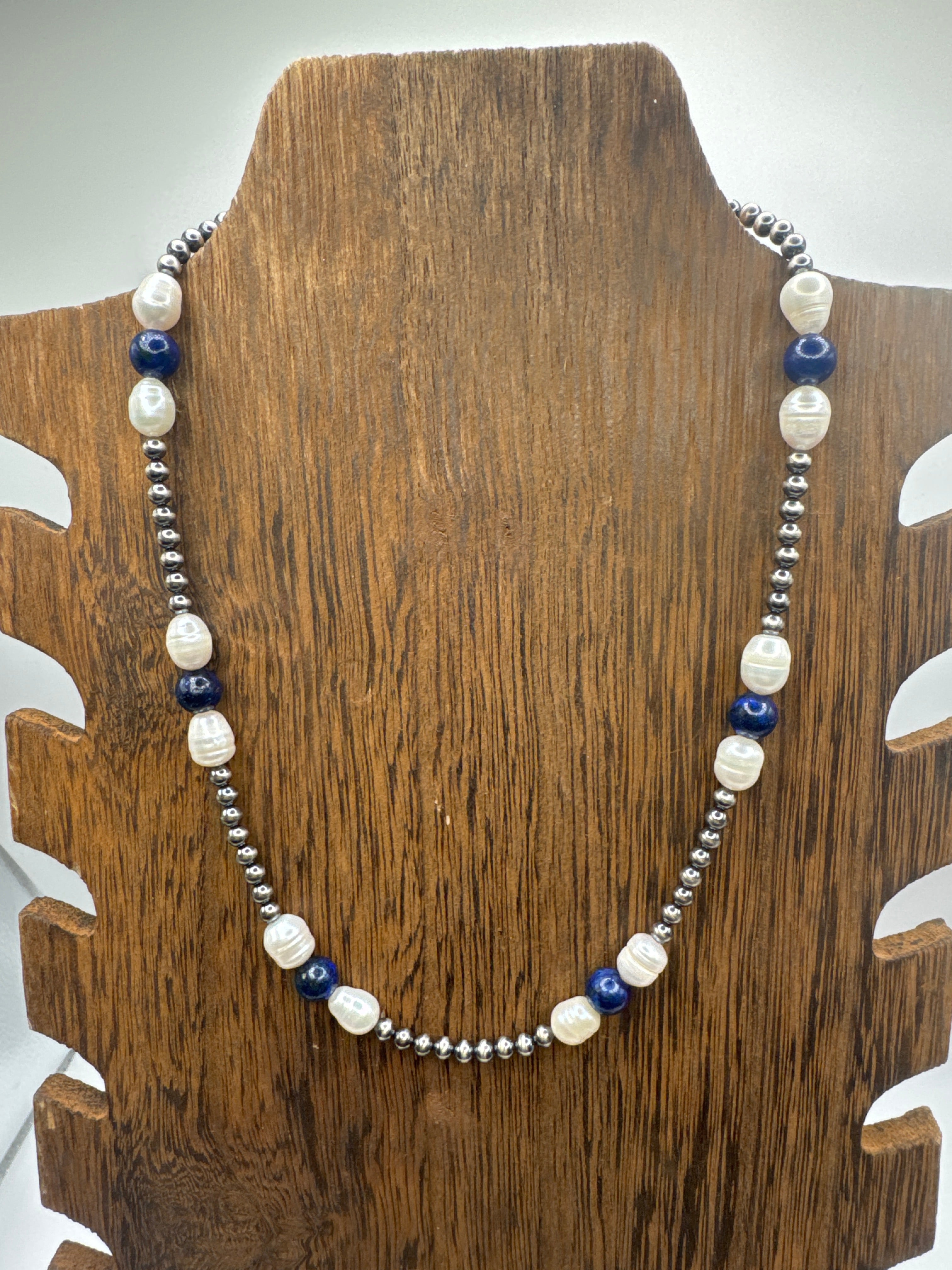 Freshwater pearls with blue lapis, and 4 MM Sterling, silver pearls